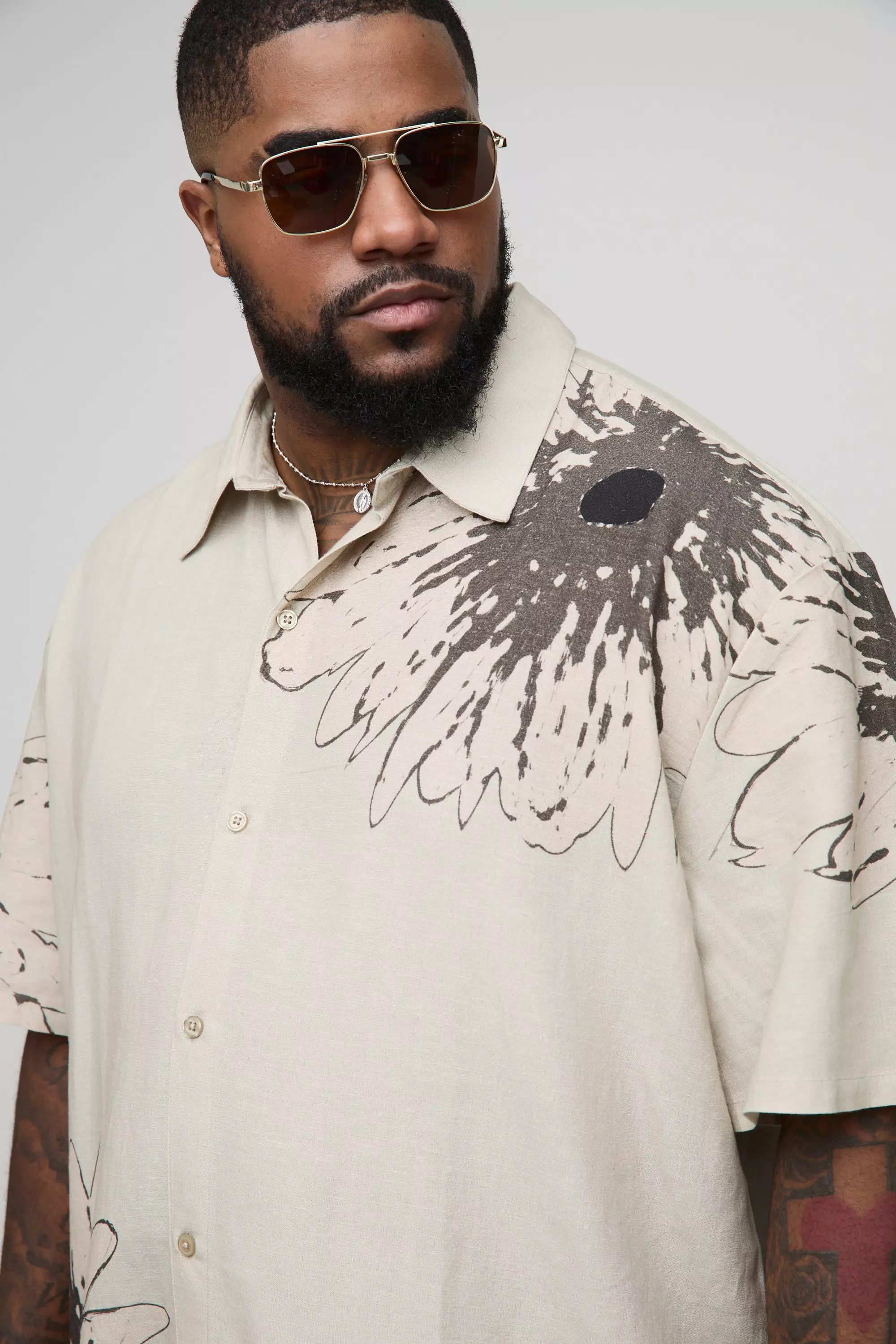 Plus Oversized Linen Look Placement Floral Shirt | boohooMAN USA
