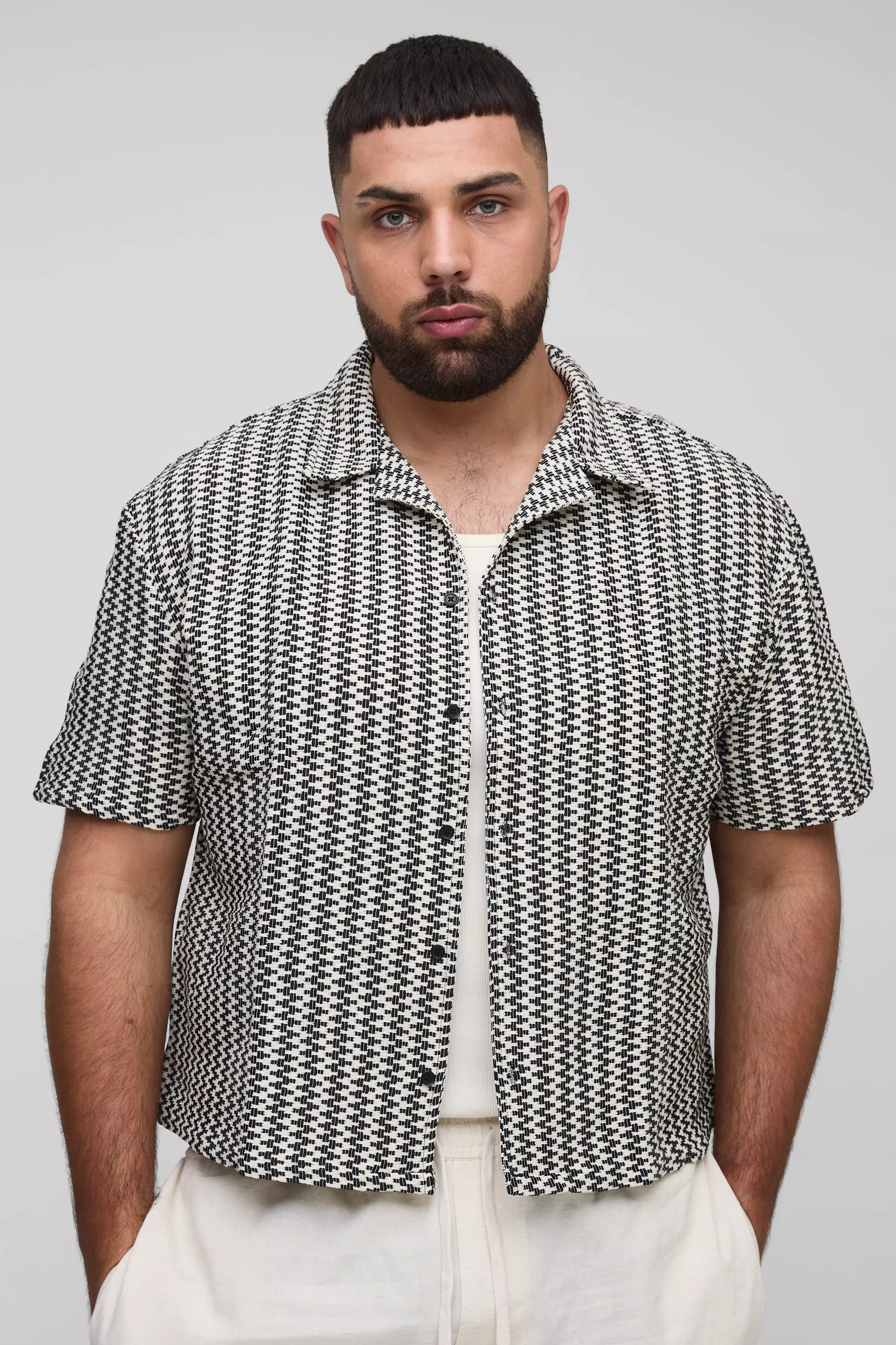 Plus Abstract Stripe Open Knit Oversized Boxy Revere Shirt Black