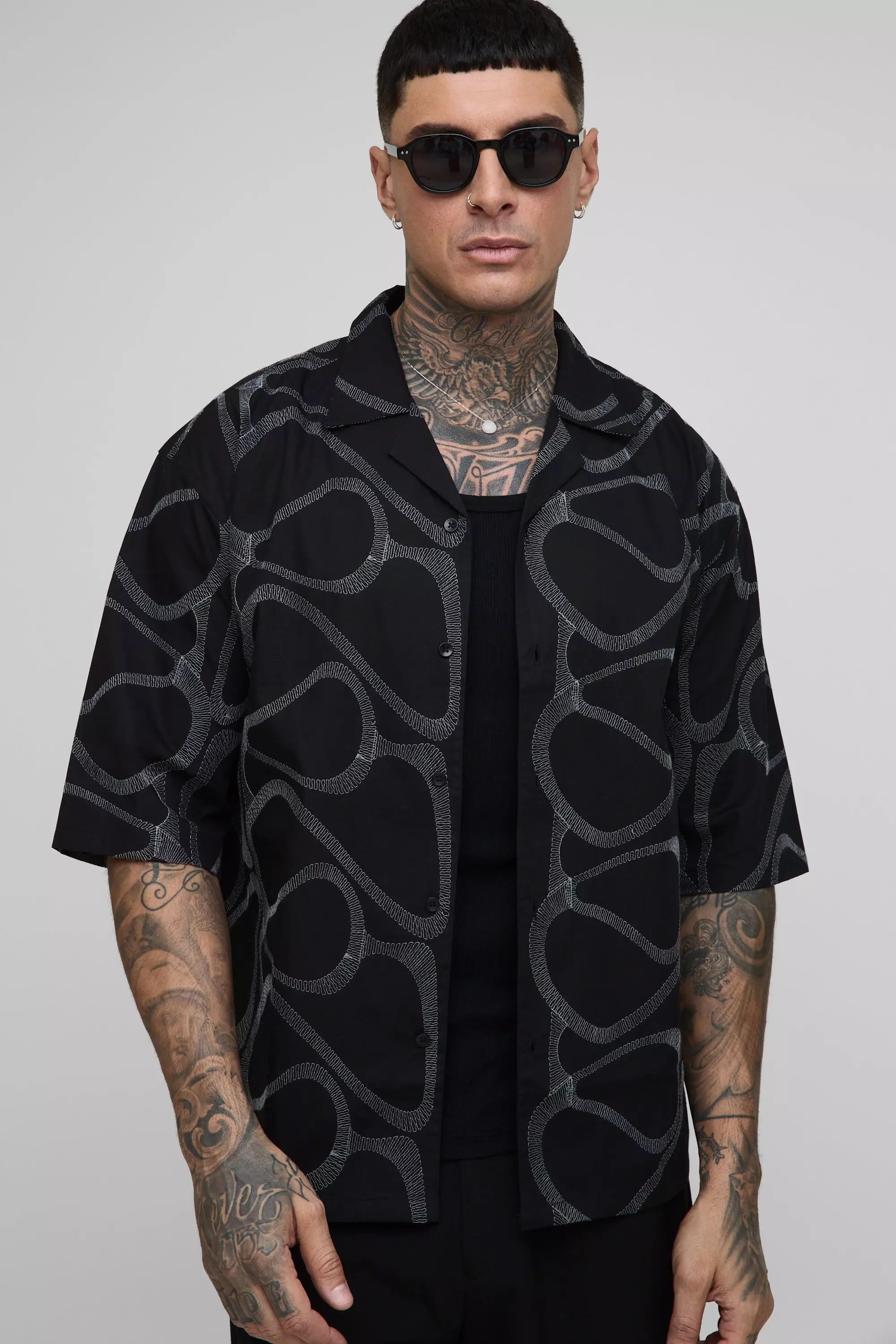 Tall Oversized Half Sleeve Embroidered Shirt Black