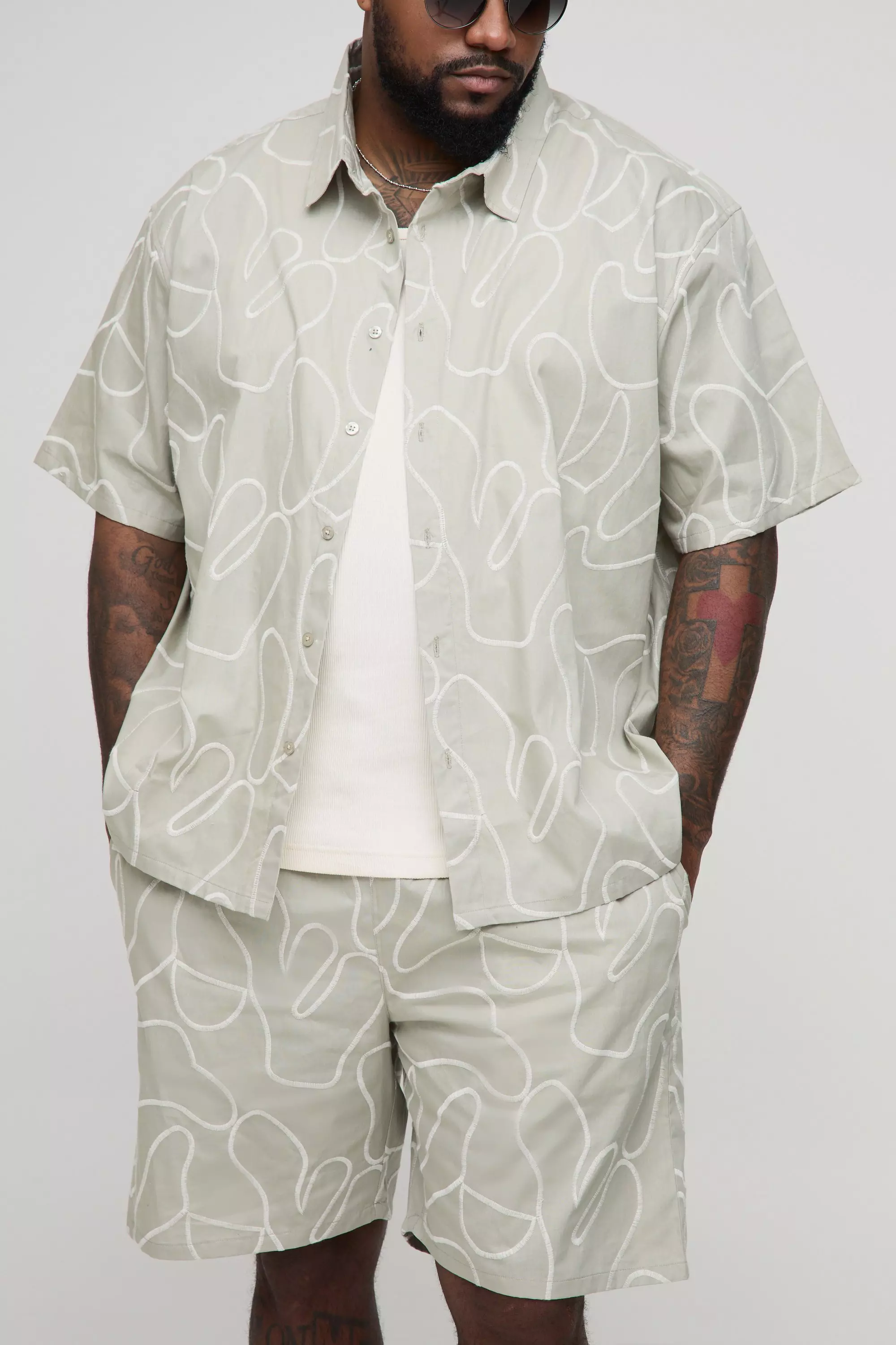 Plus Oversized Linen Look Embroidered Shirt & Relaxed Short Set | boohooMAN USA