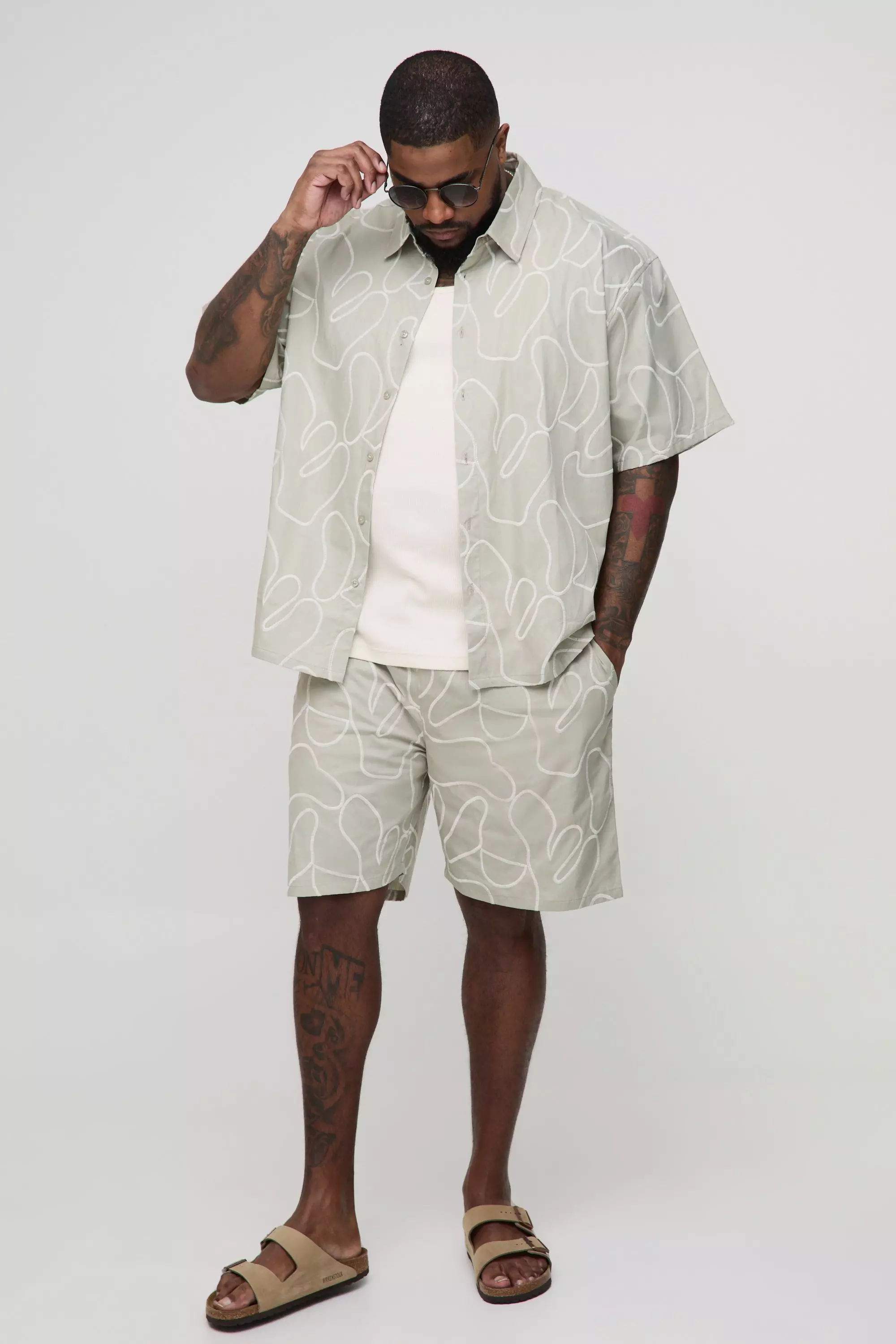 Plus Oversized Linen Look Embroidered Shirt & Relaxed Short Set | boohooMAN USA