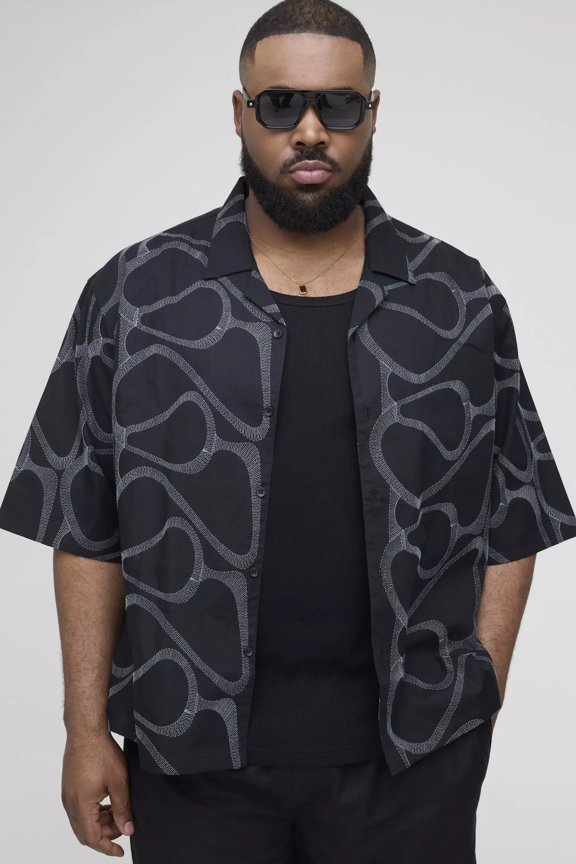 Black Plus Oversized Half Sleeve Embroidered Shirt