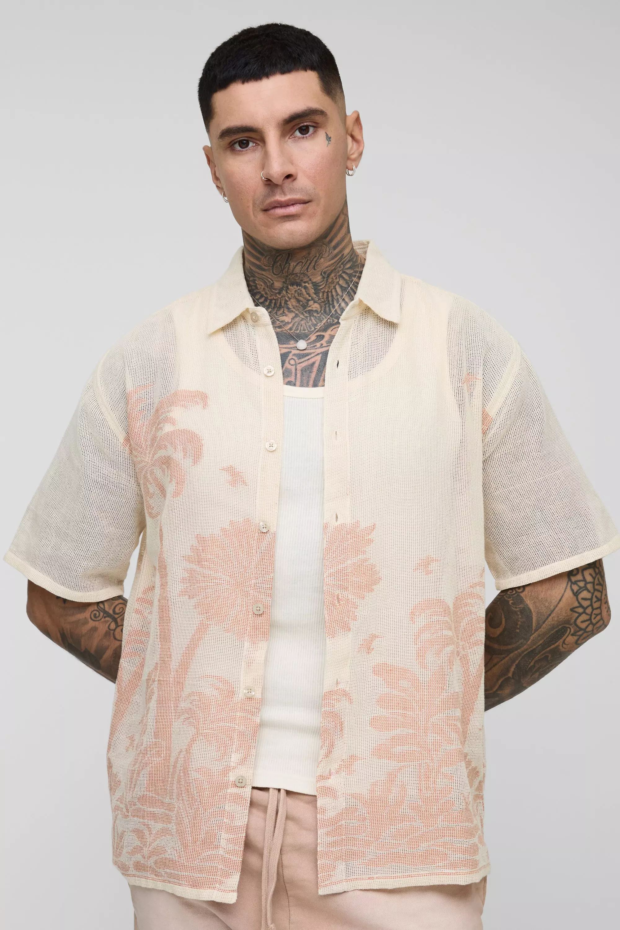 Rust Tall Oversized Crochet Palm Tree Jacquard Shirt alternative image