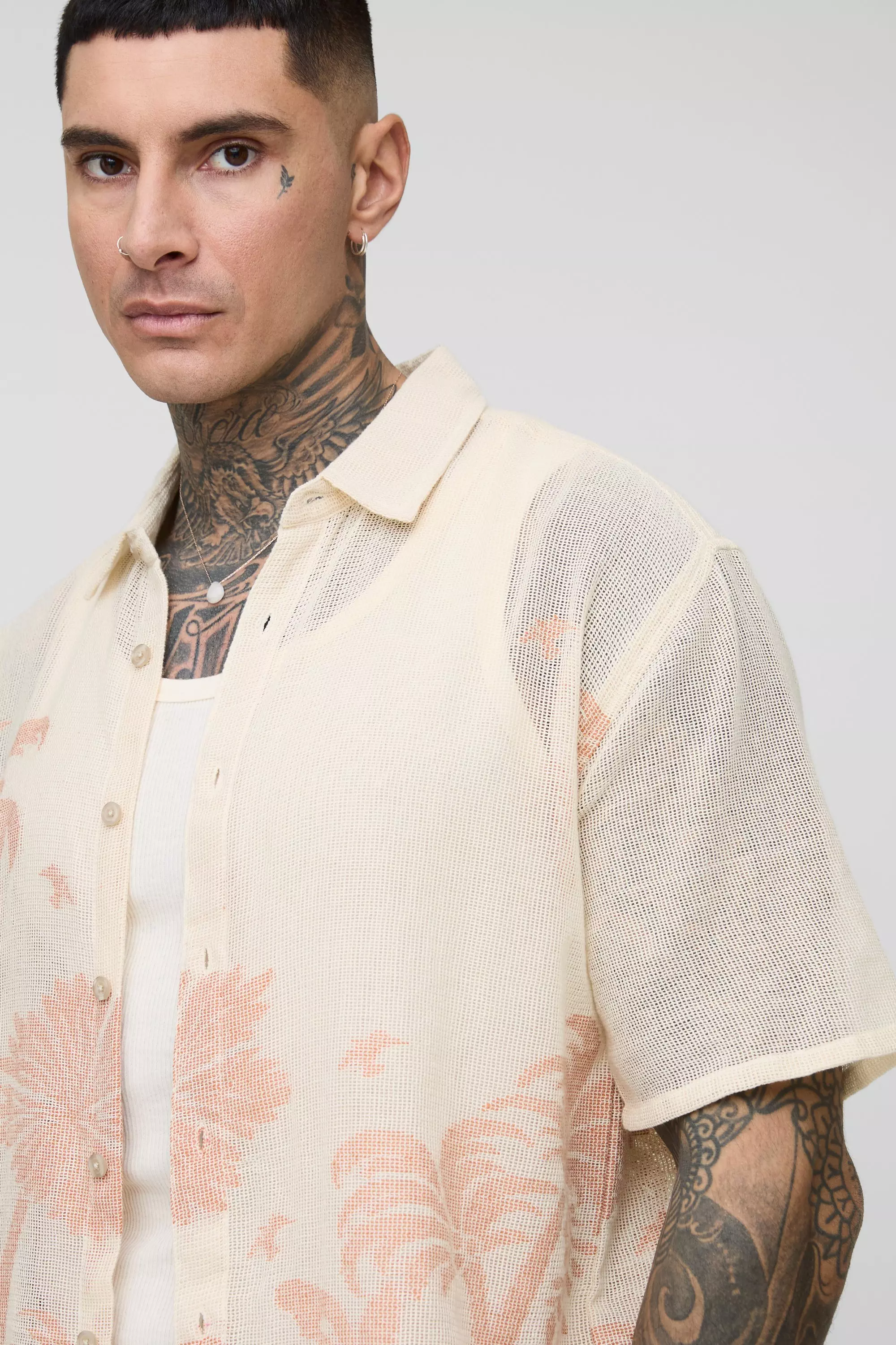 Rust Tall Oversized Crochet Palm Tree Jacquard Shirt alternative image