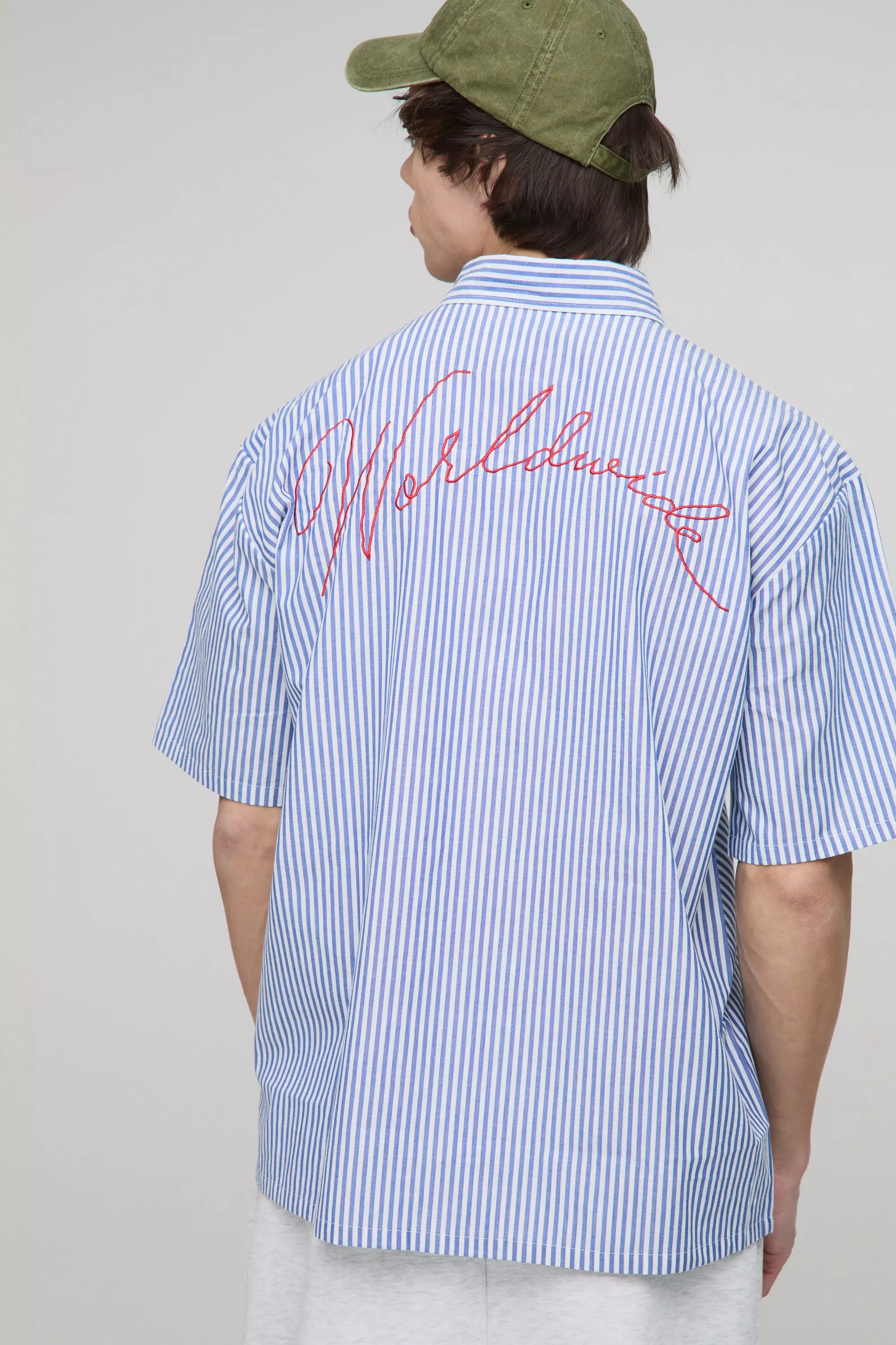 Light blue Tall Oversized Worldwide Embroidery Slogan Stripe Shirt alternative image