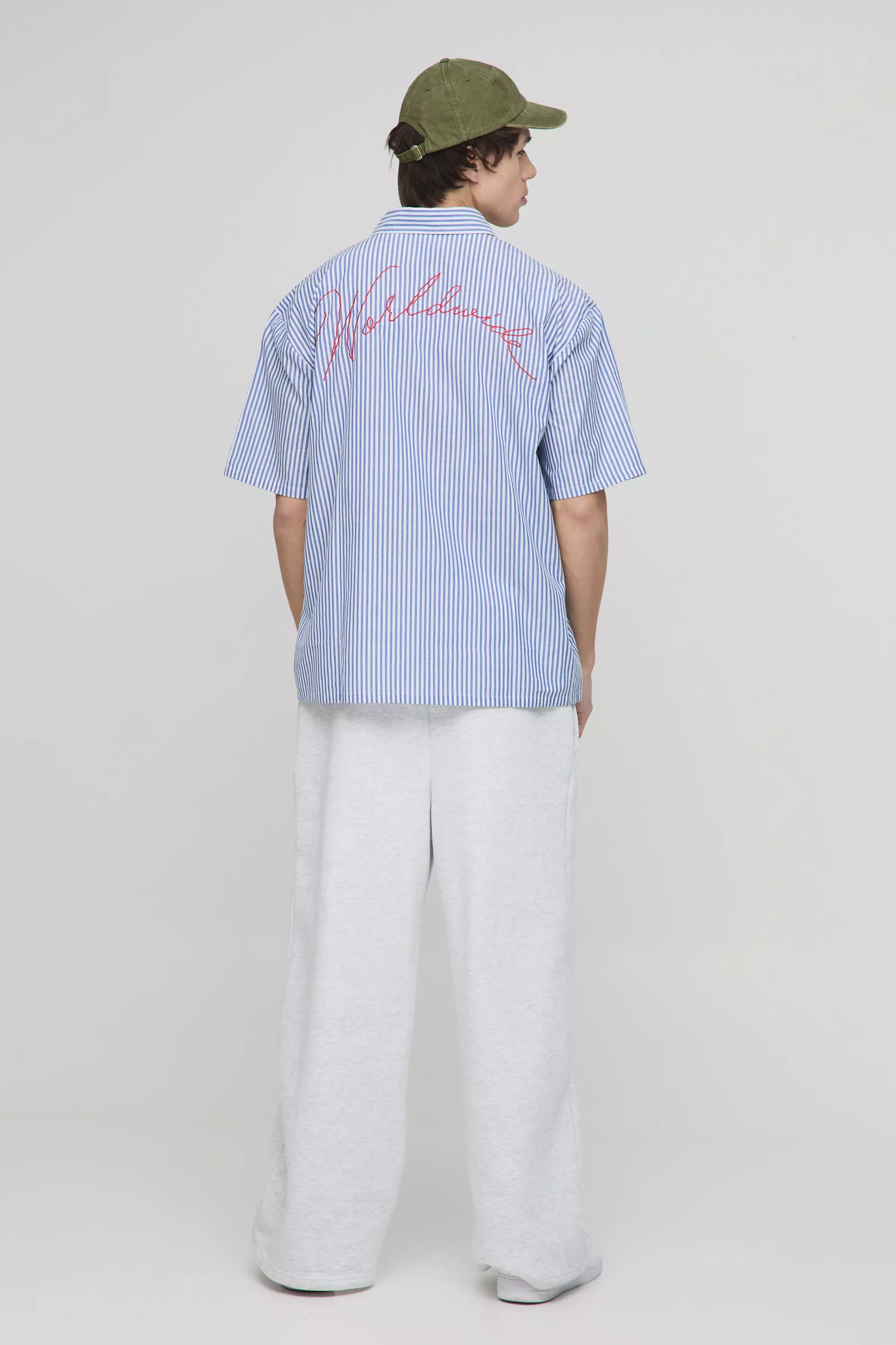 Light blue Tall Oversized Worldwide Embroidery Slogan Stripe Shirt alternative image