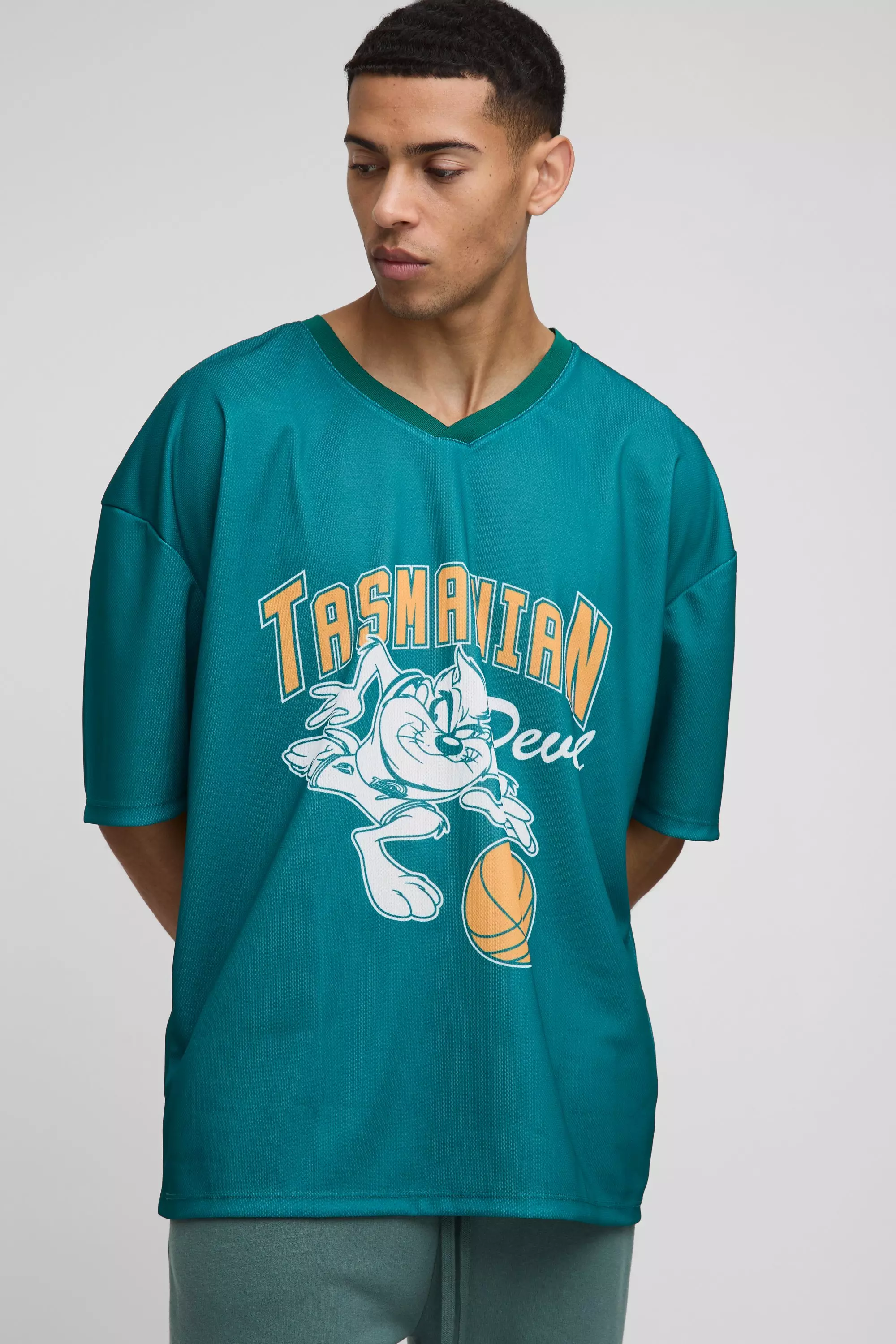 Oversized Taz Mania Varsity Mesh License Print T-Shirt Green