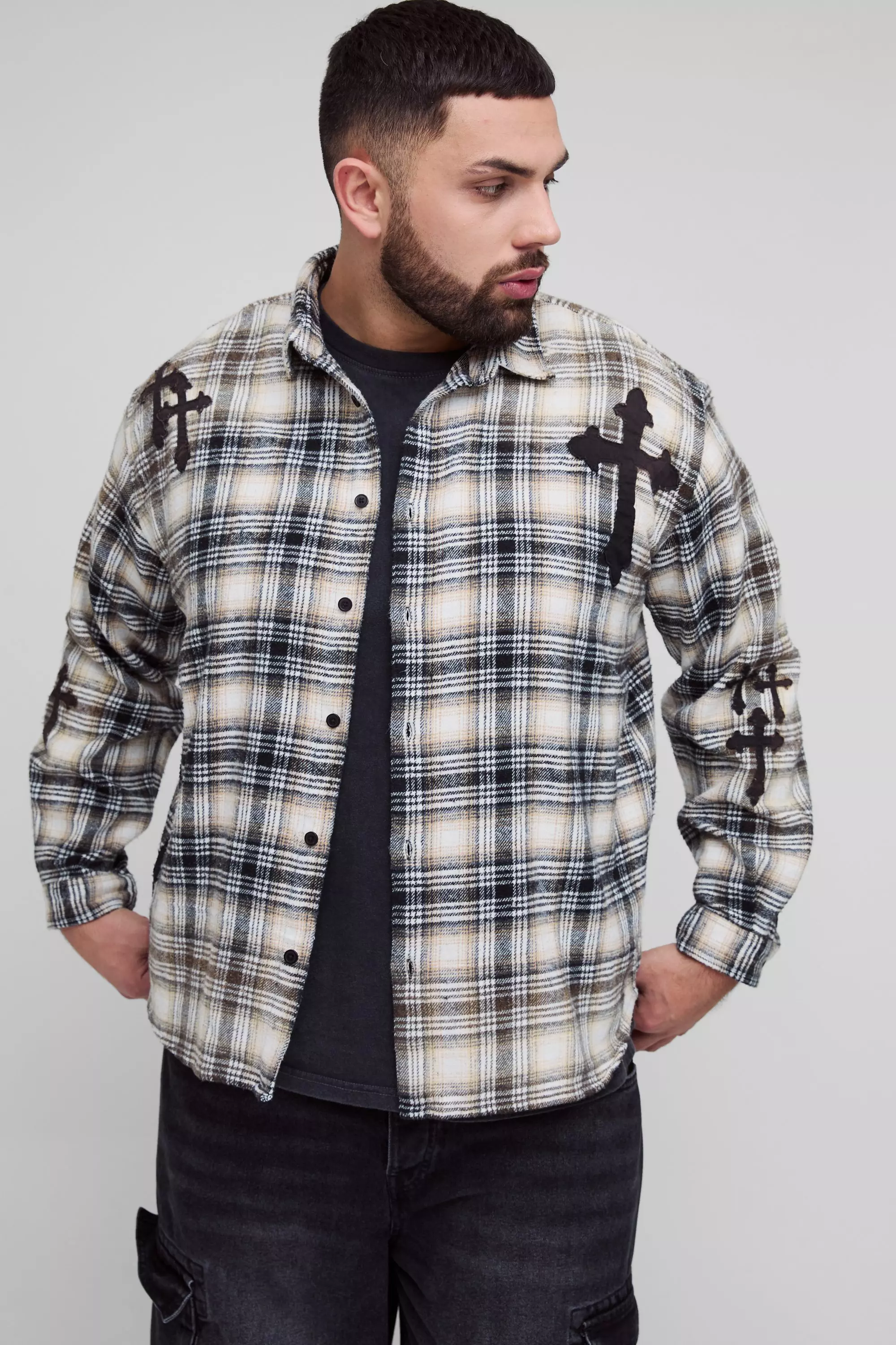 Plus Oversized Cross Applique Bleached Check Shirt Red