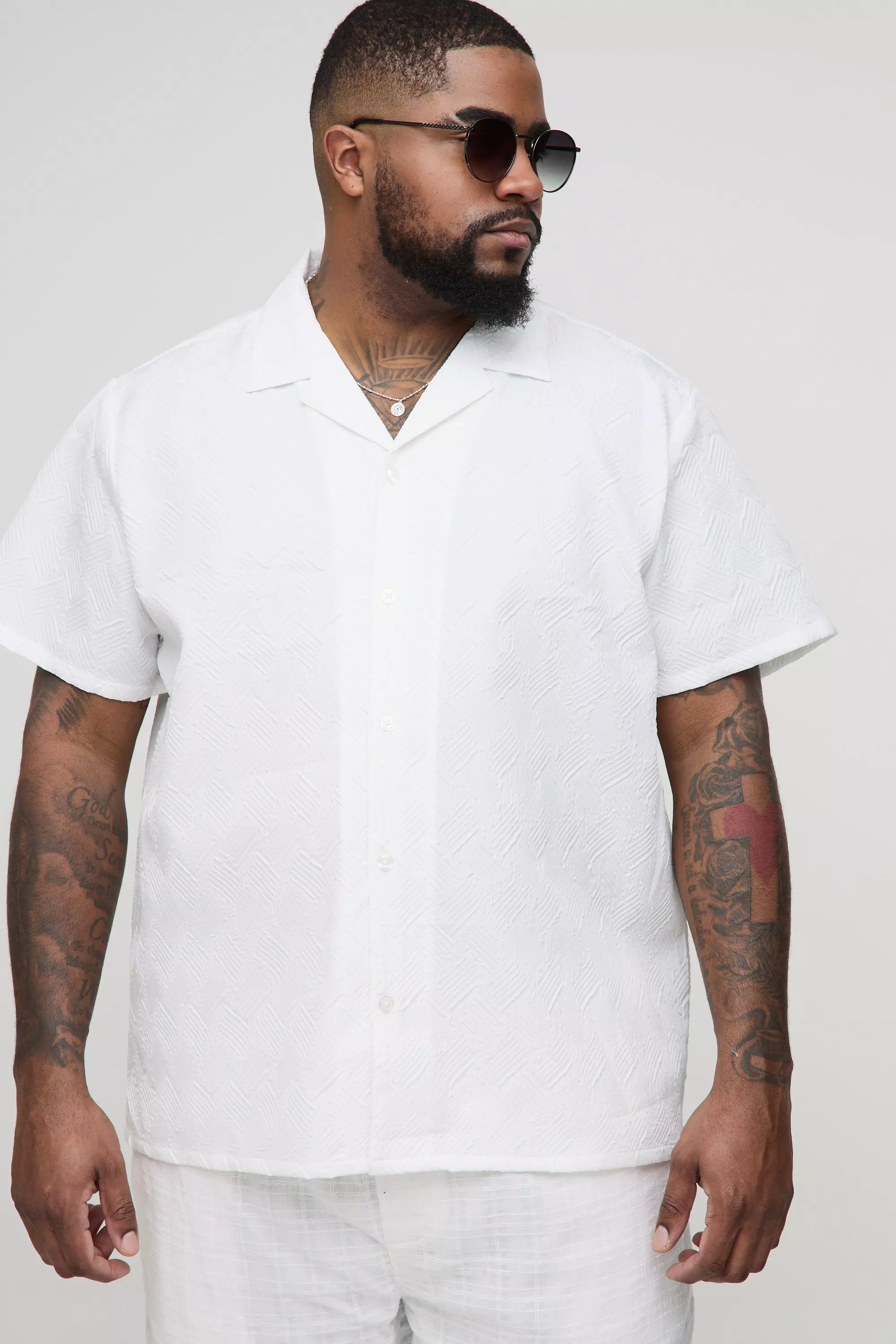 Plus Regular Fit Geo Jacquard Shirt White