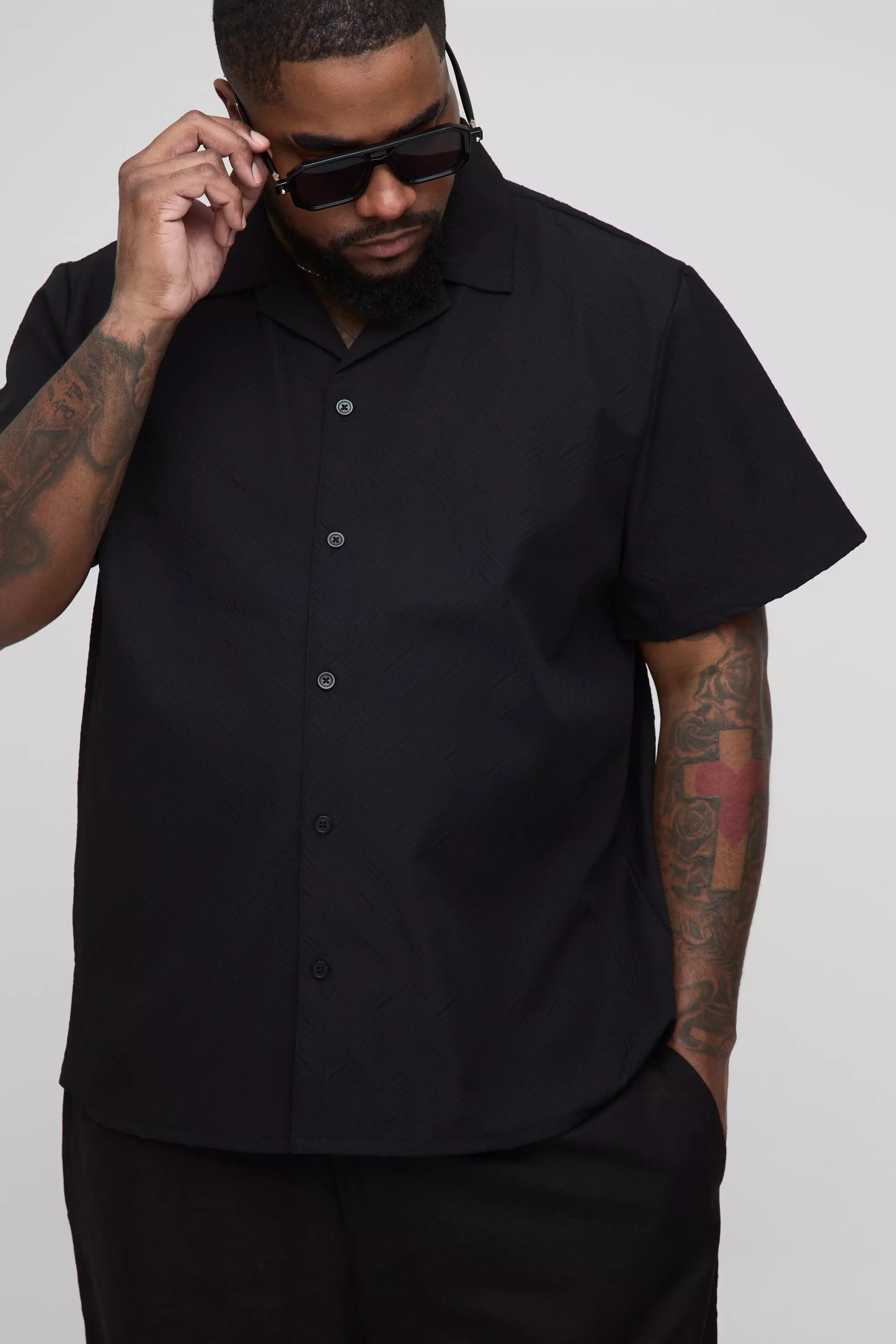 Plus Regular Fit Geo Jacquard Shirt Black