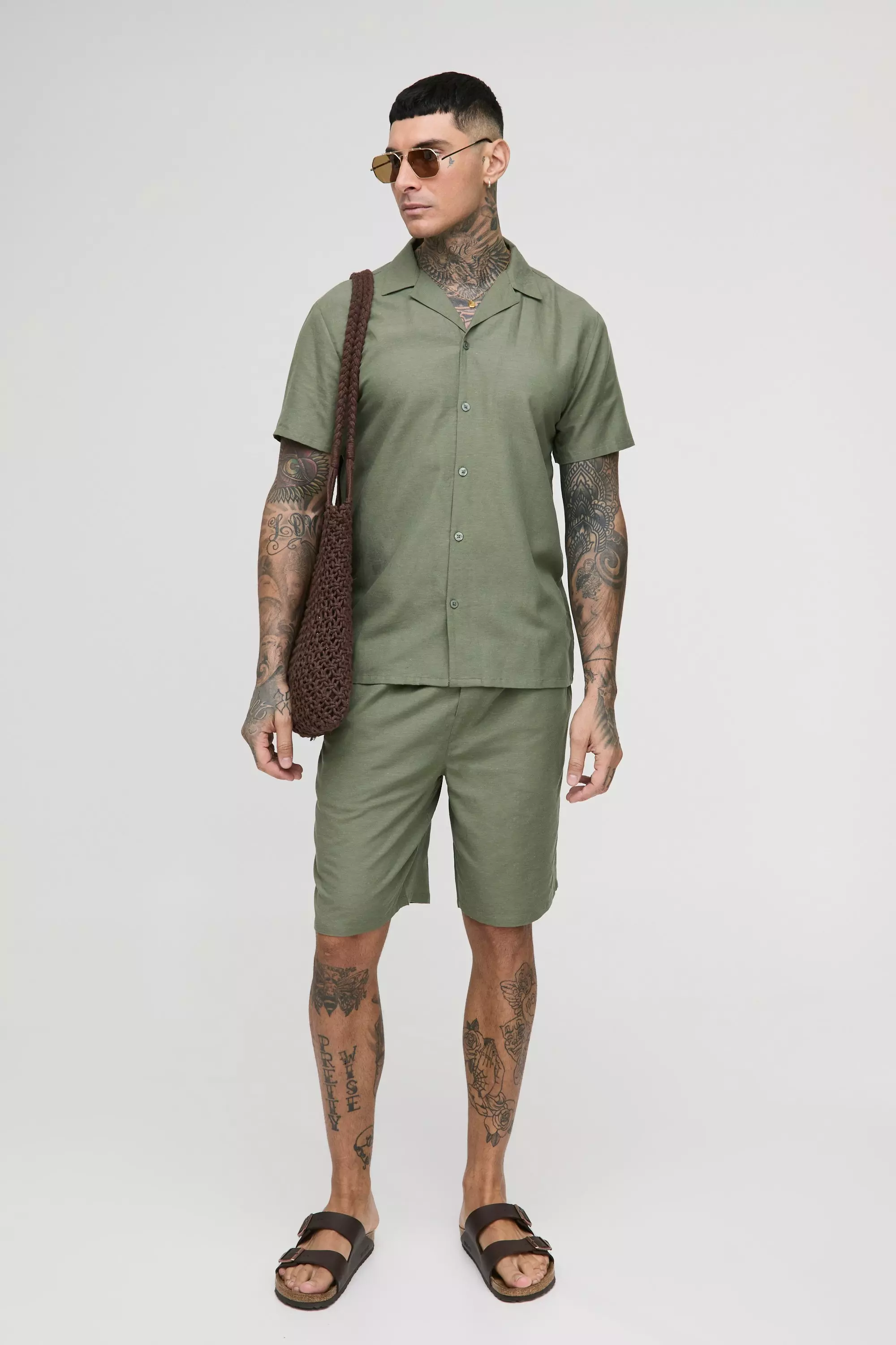 Tall Regular Linen Shirt & Short Set | boohooMAN USA
