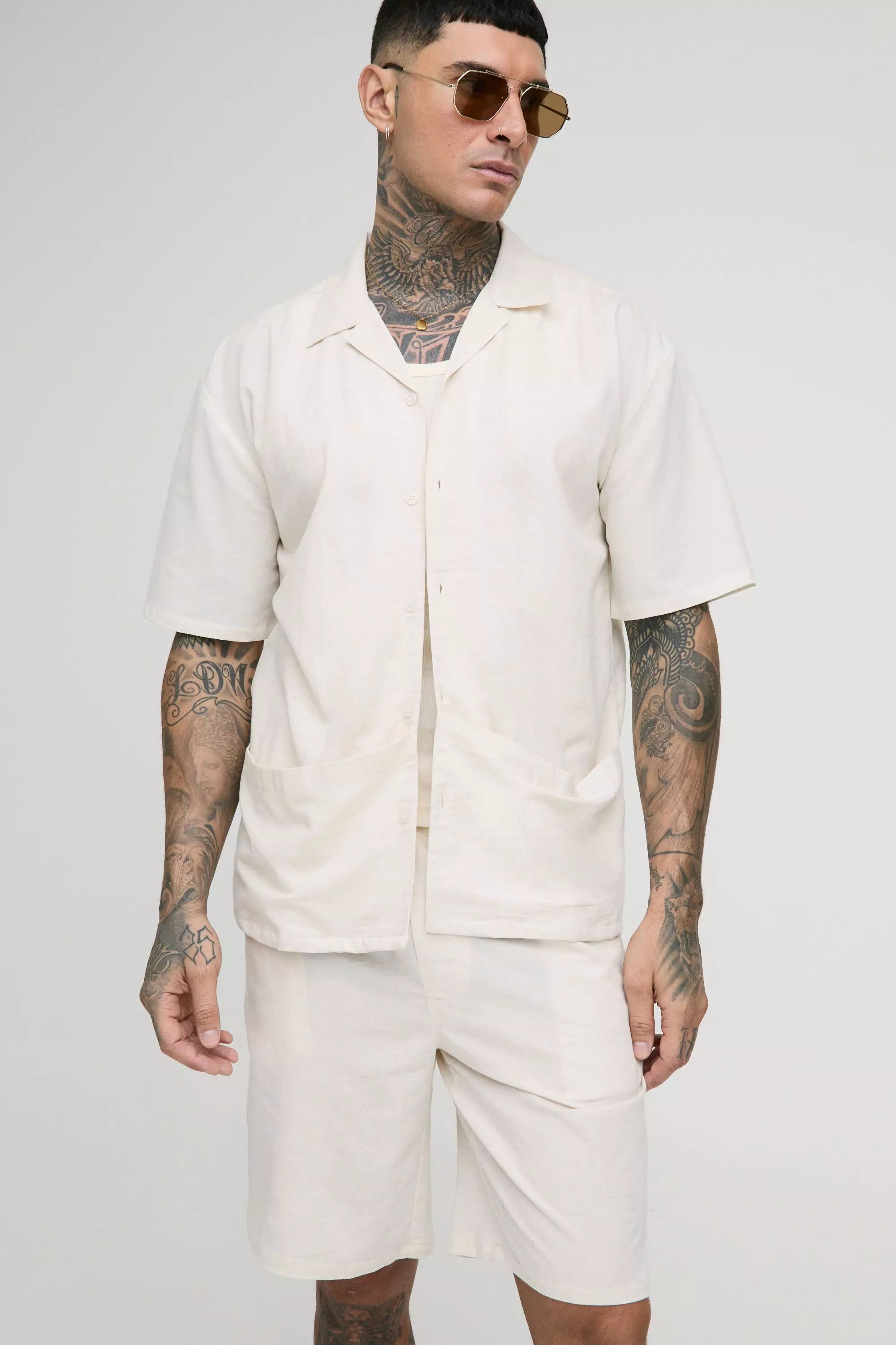 Ecru Tall Oversized Linen Deep Pocket Shirt & Short Set alternative image