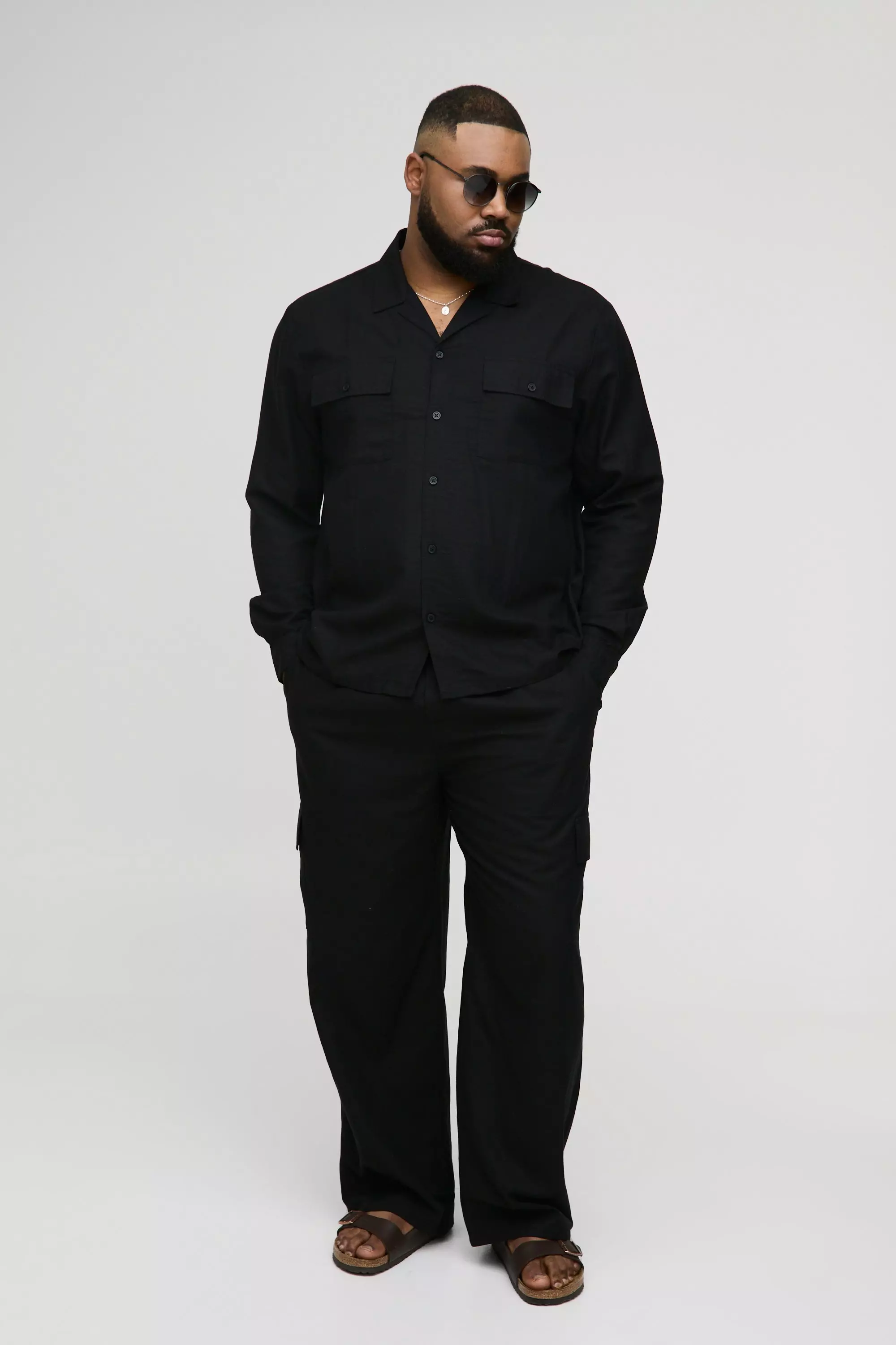 Black Plus Regular Linen Cargo Shirt & Trouser Set alternative image