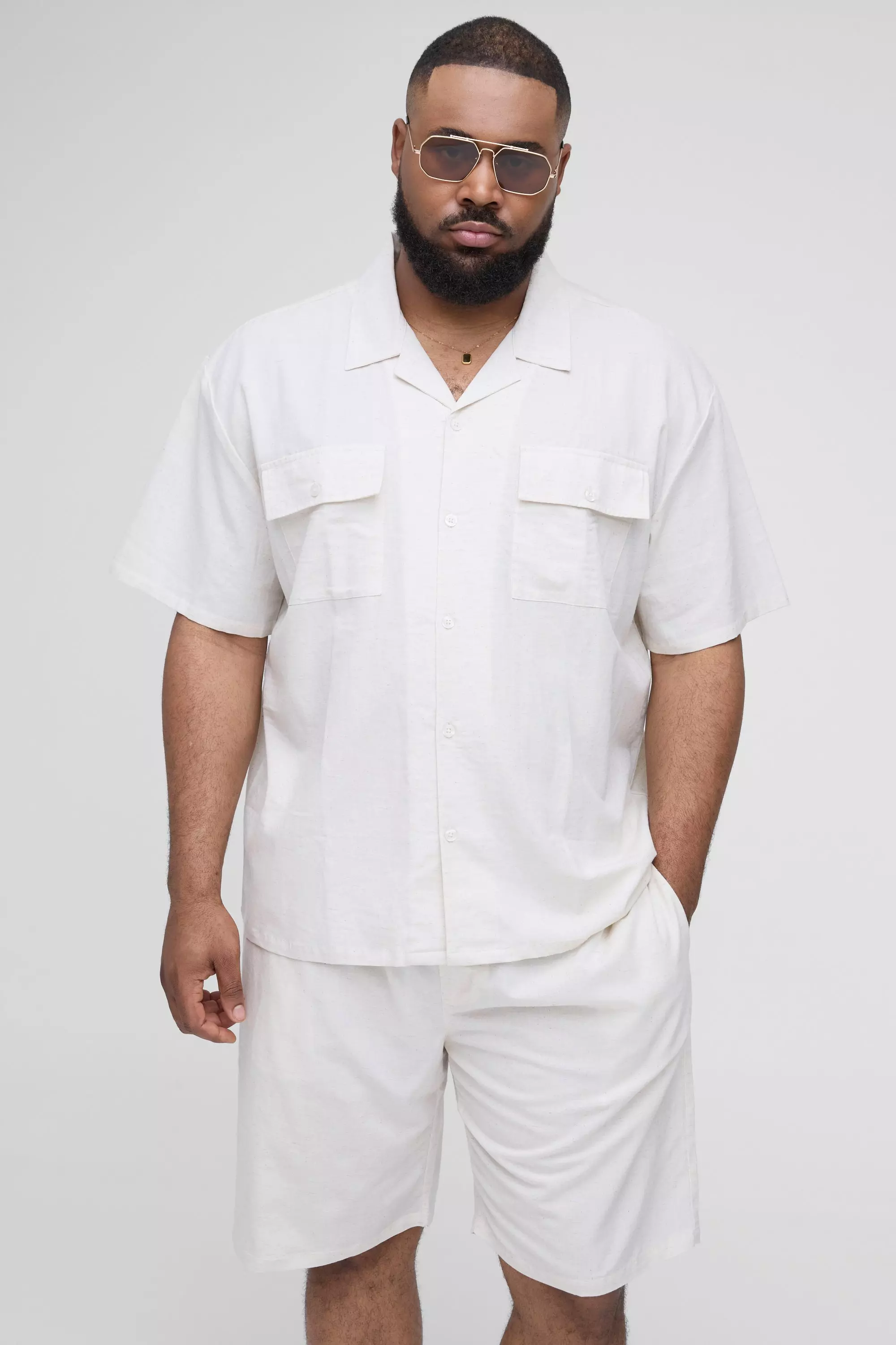 Plus Oversized Short Sleeve Linen Cargo Shirt & Short Set | boohooMAN USA