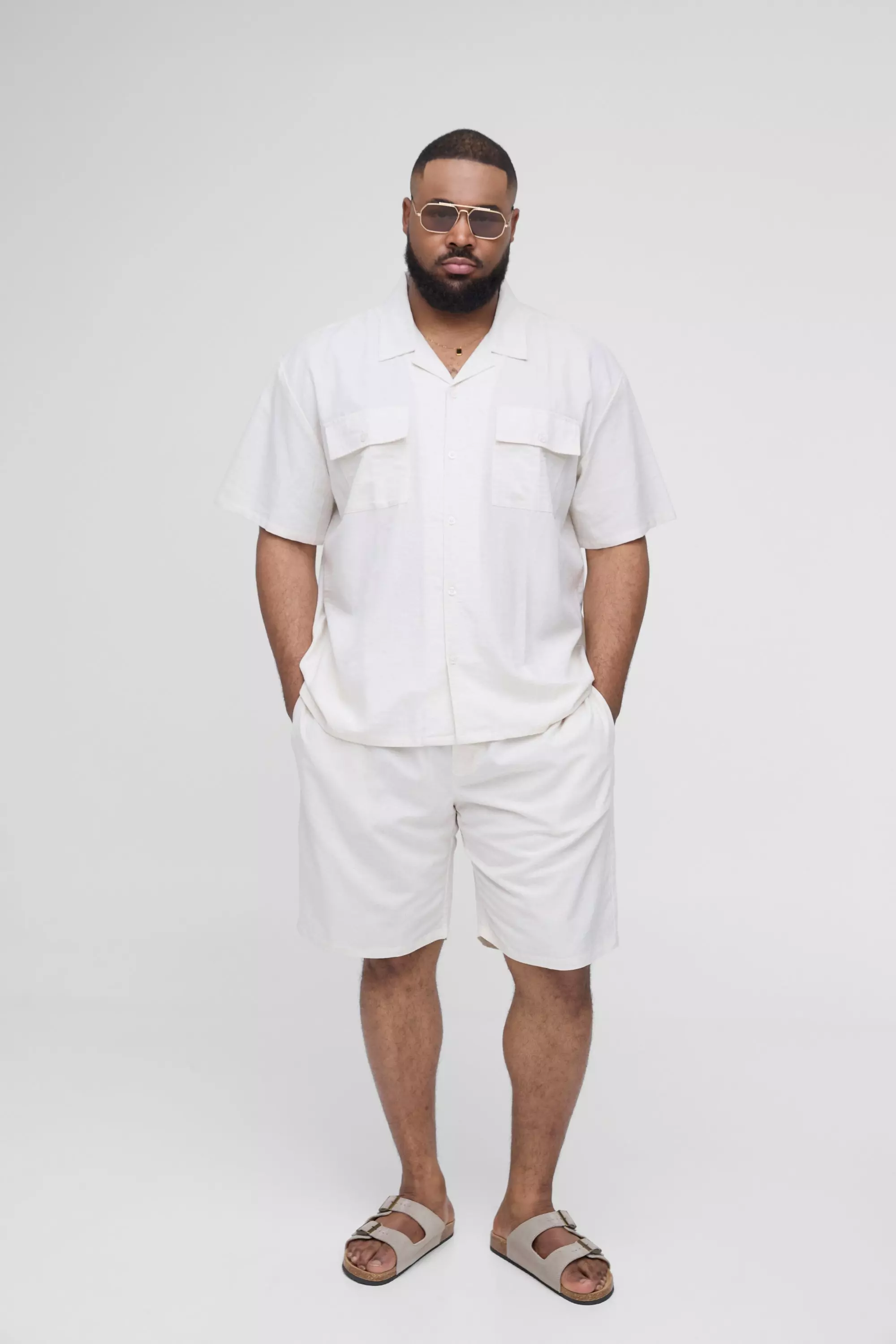 Plus Oversized Short Sleeve Linen Cargo Shirt & Short Set | boohooMAN USA
