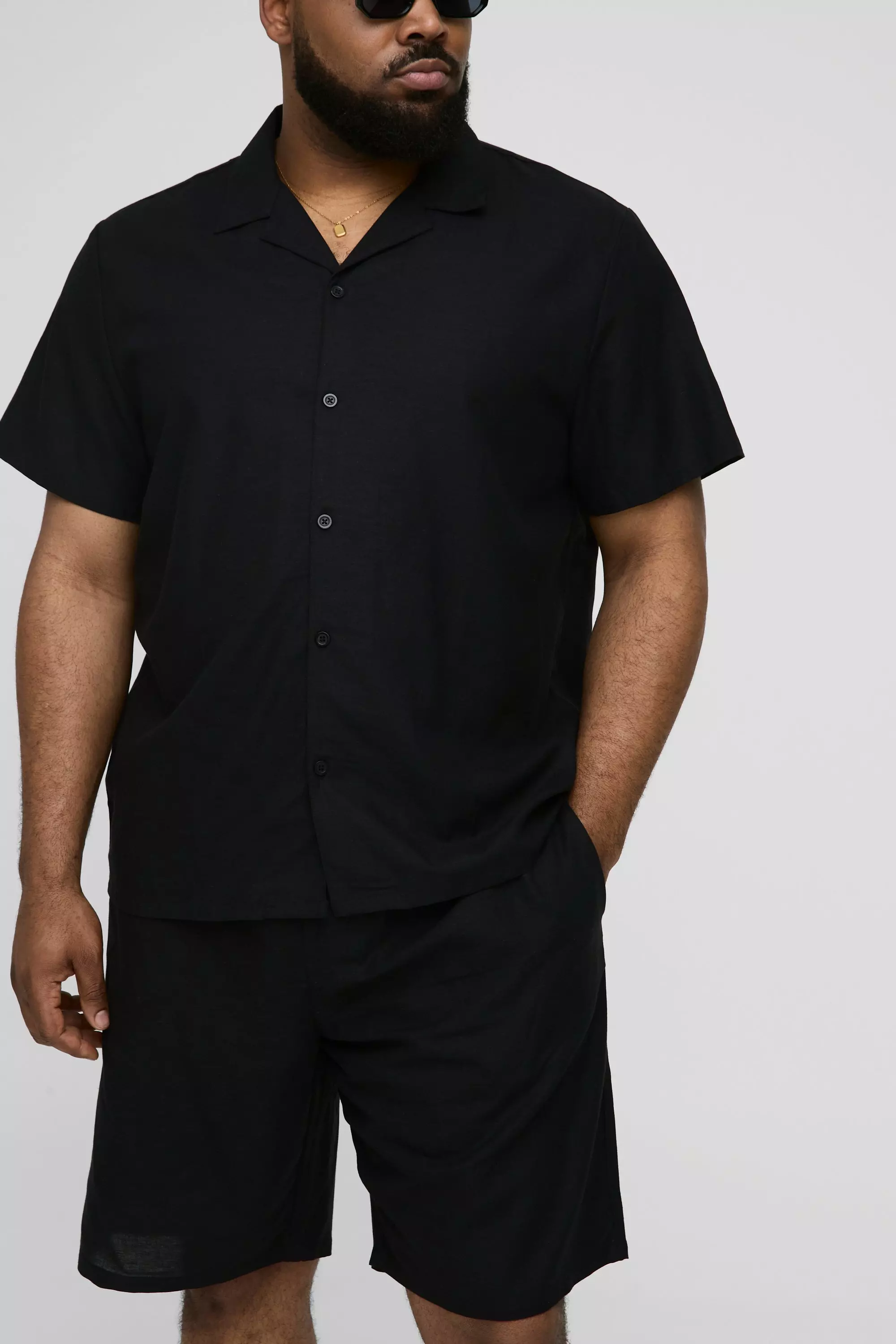 Black Plus Linnen Regular Fit Overhemd En Shorts Set alternatieve afbeelding