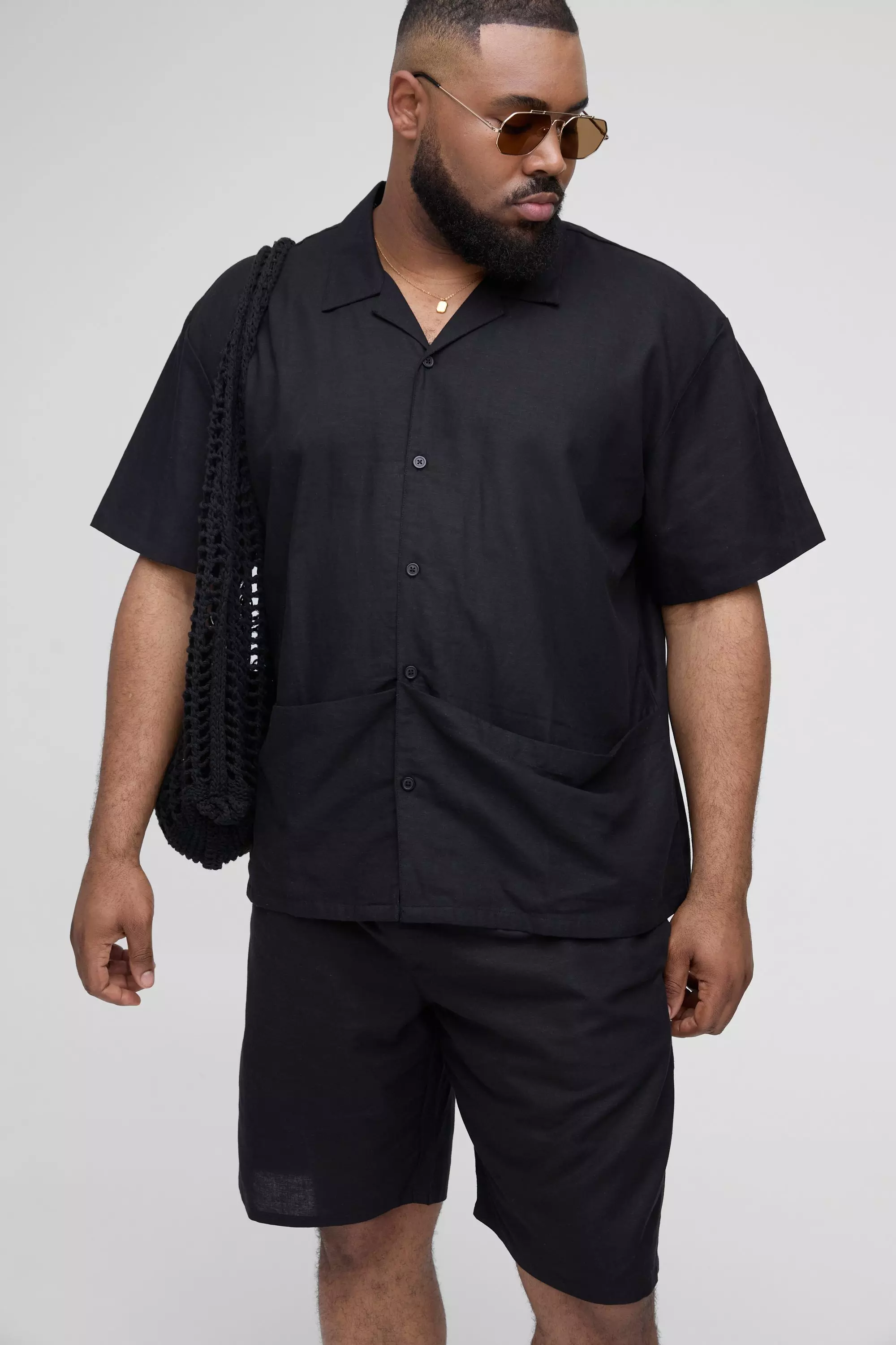 Plus Oversized Linen Deep Pocket Shirt & Short Set | boohooMAN USA
