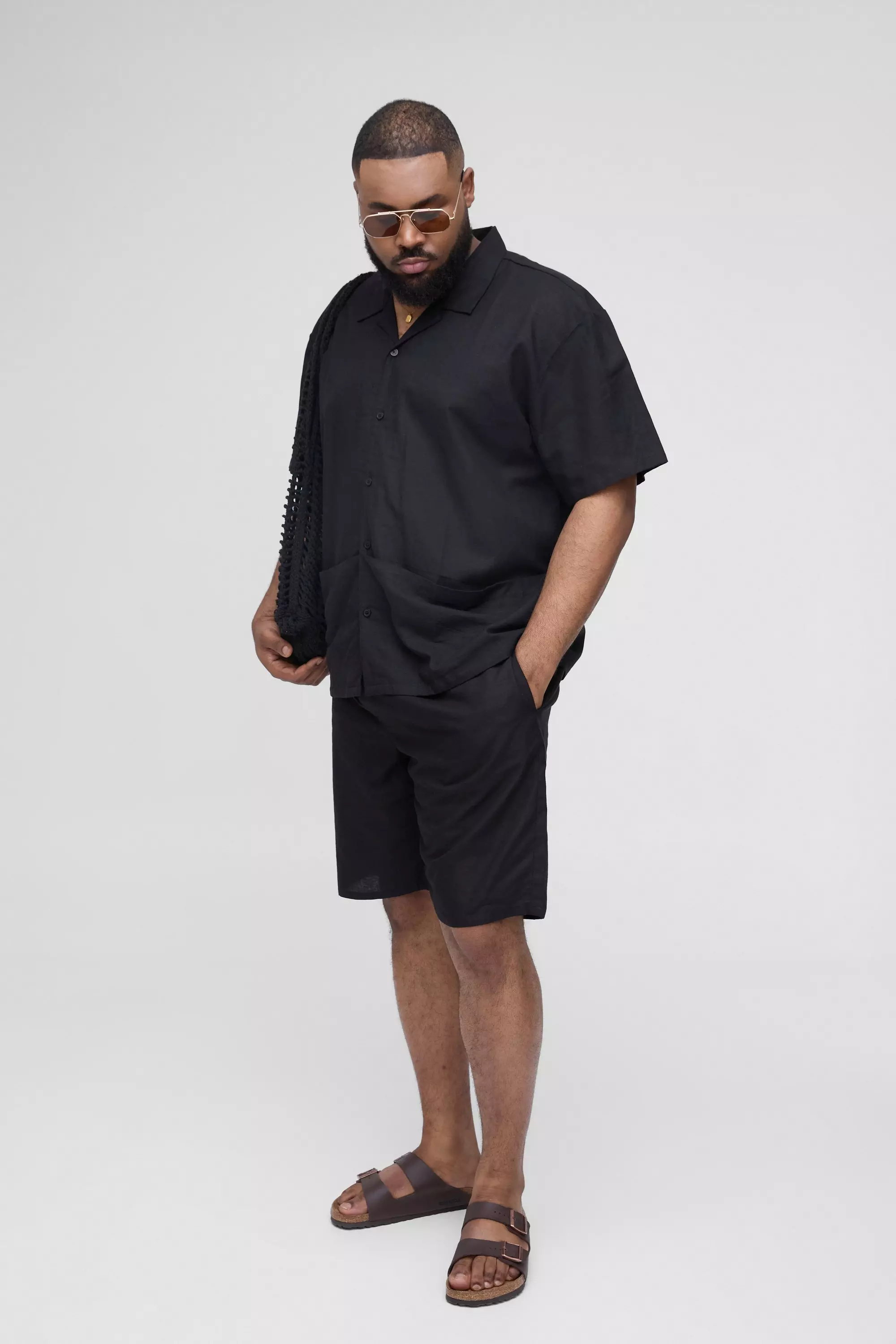 Plus Oversized Linen Deep Pocket Shirt & Short Set | boohooMAN USA
