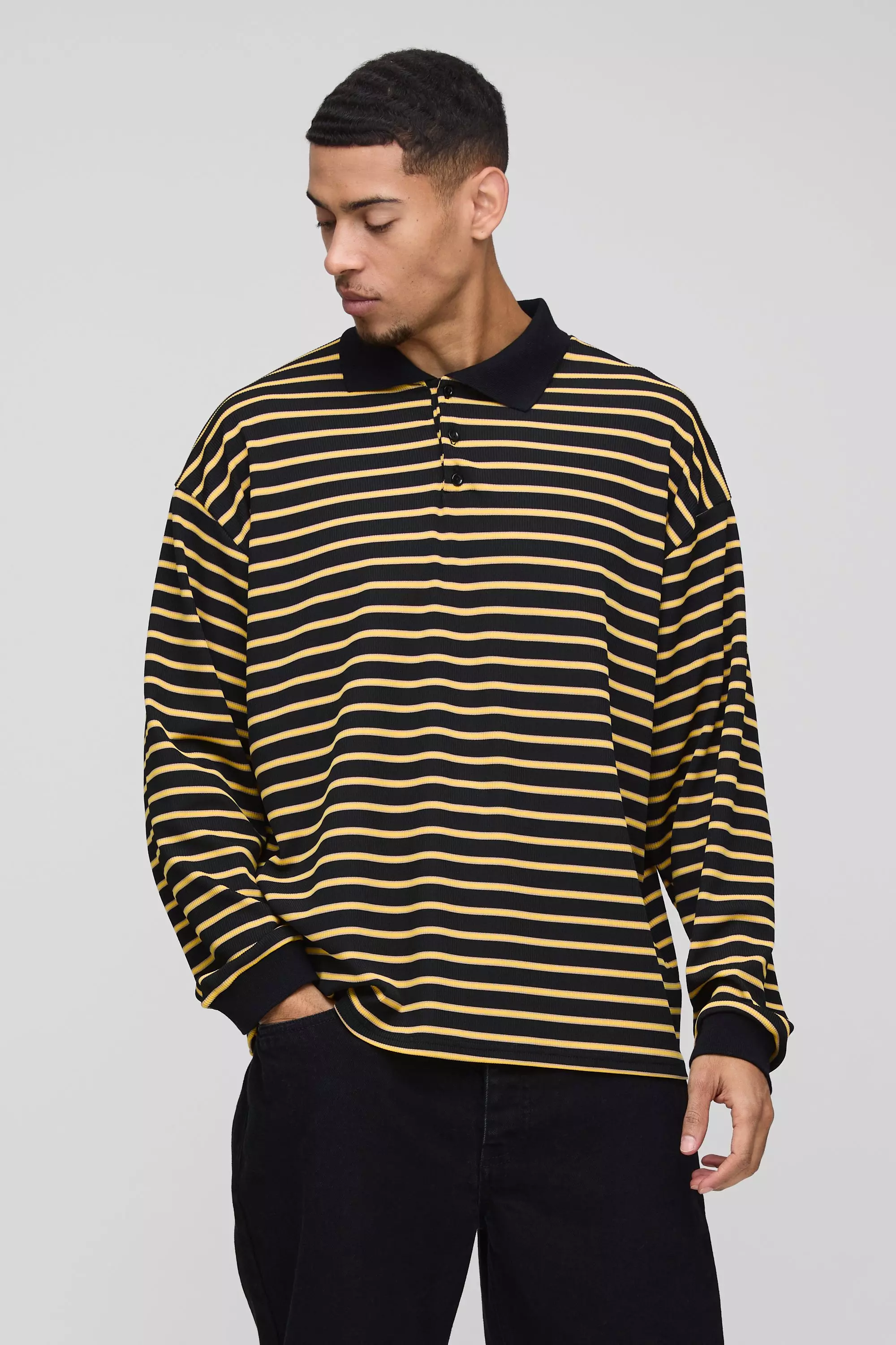 Oversized Boxy Stripe Rib Rugby Polo Yellow