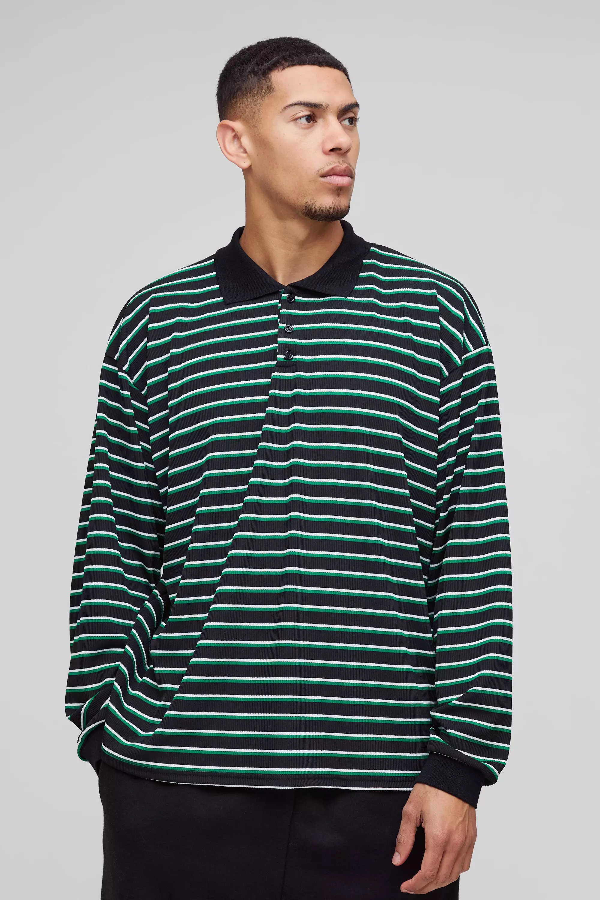 Oversized Boxy Stripe Rib Rugby Polo Green