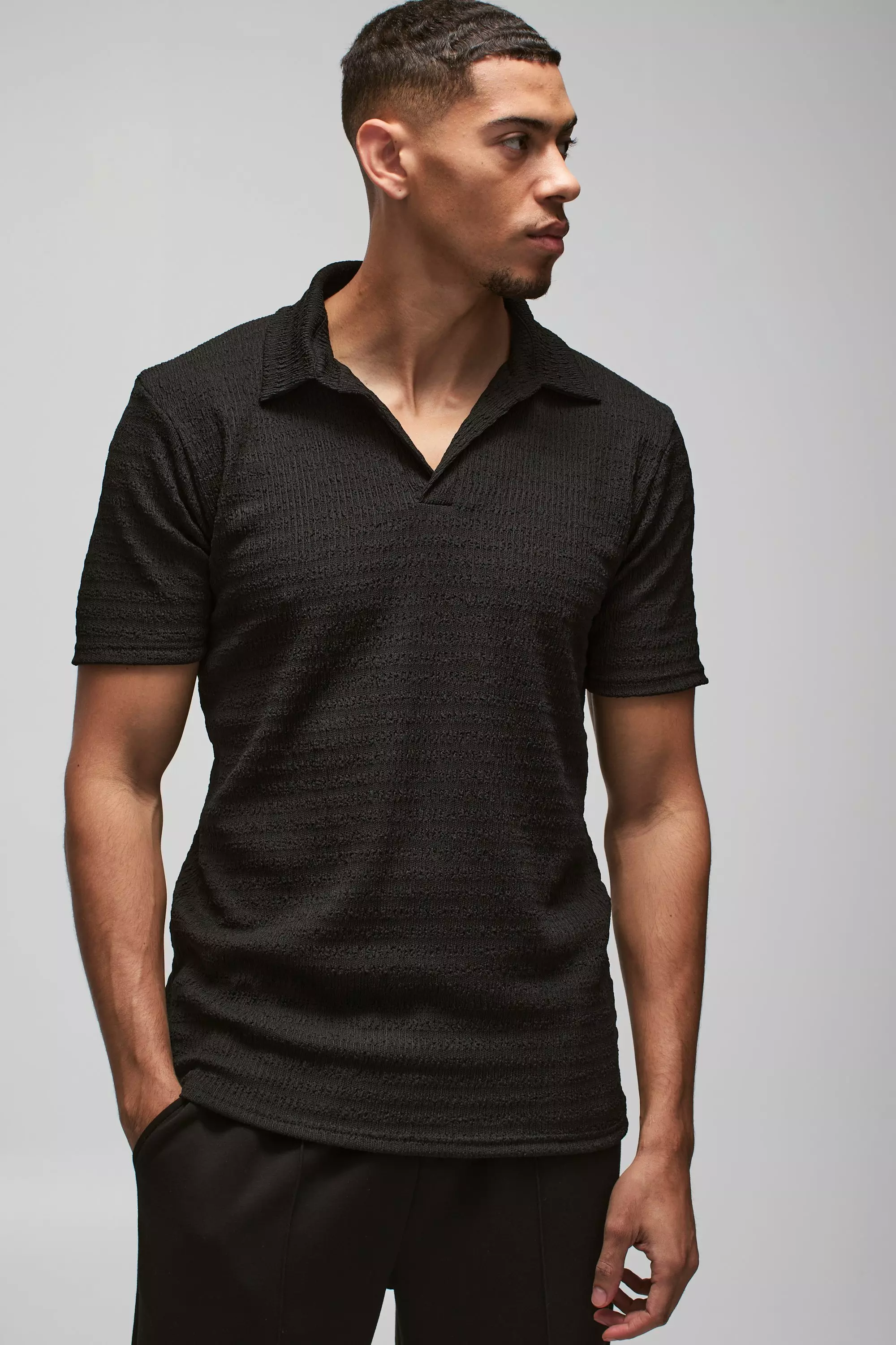 Black Slim Textured Revere Polo alternative image