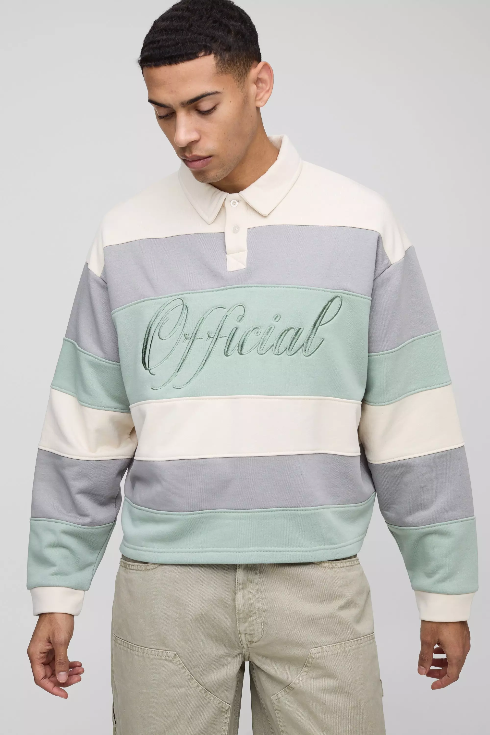 Sage Oversized Boxy Stripe Embroidered Rugby Polo alternative image