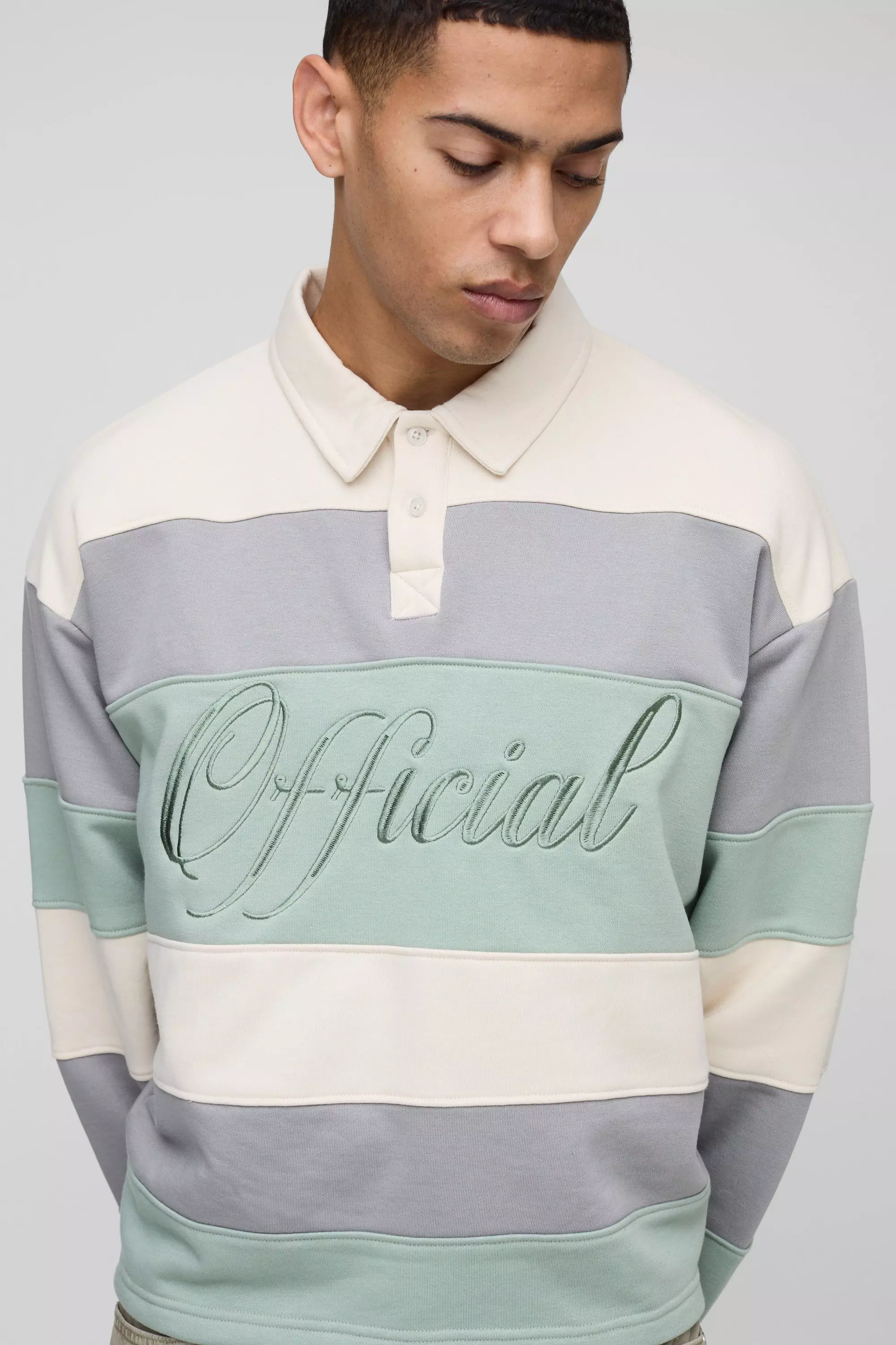 Sage Oversized Boxy Stripe Embroidered Rugby Polo alternative image