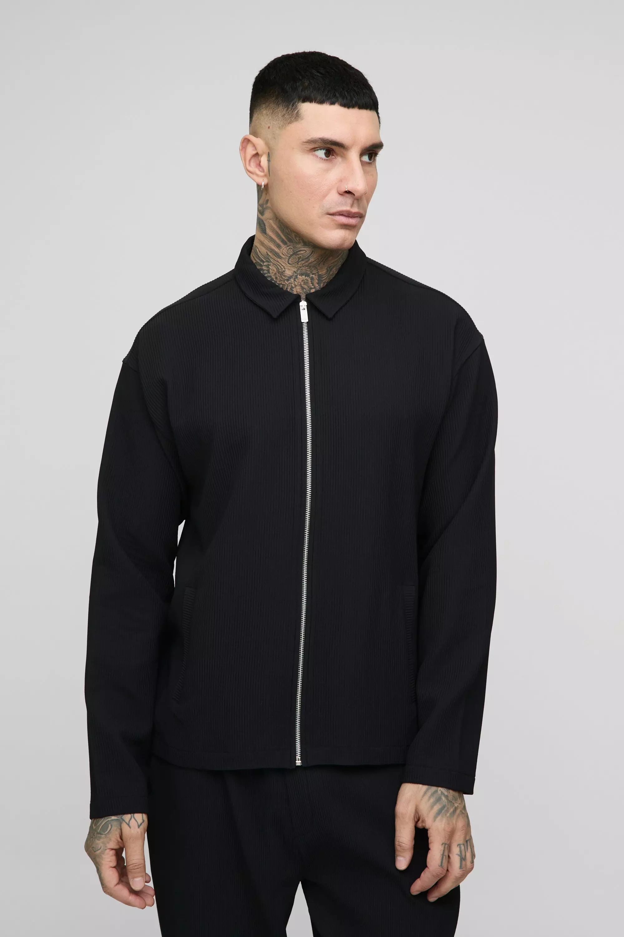 Tall Pleated Oversized Zip Up Shirt Jacket Black