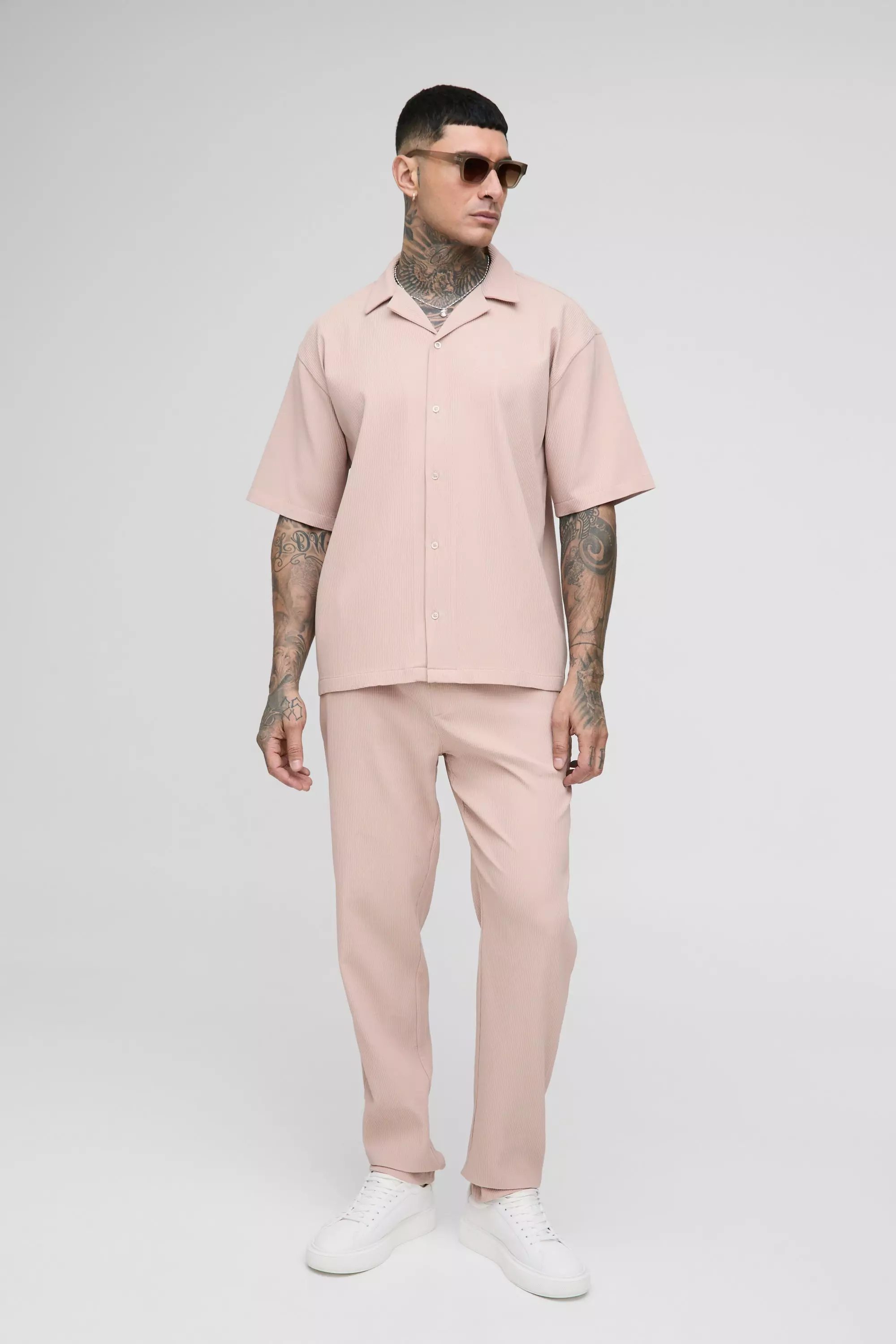 Taupe Tall Pleated Oversized Shirt & Pants Set alternative image
