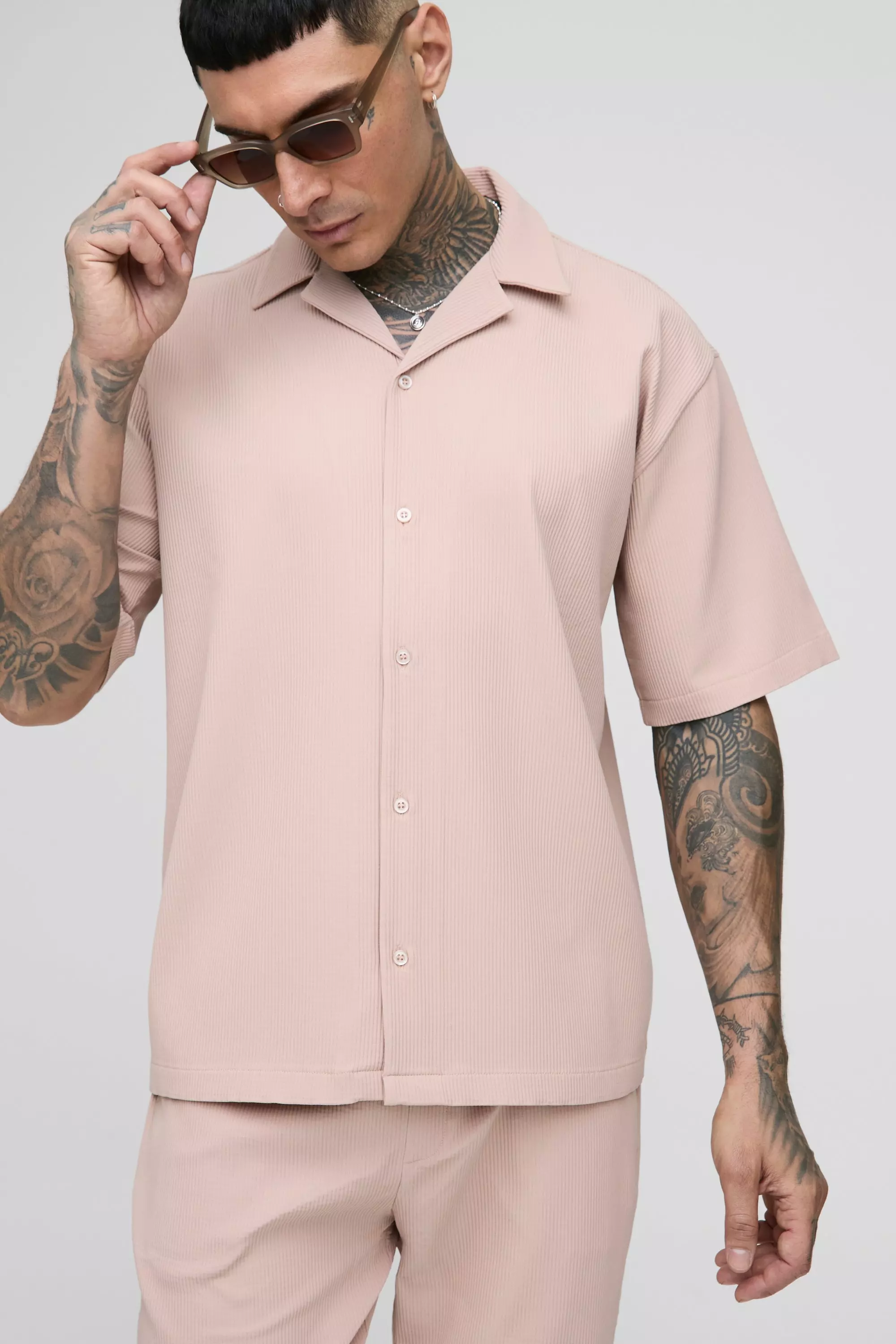 Taupe Tall Pleated Oversized Shirt & Pants Set alternative image