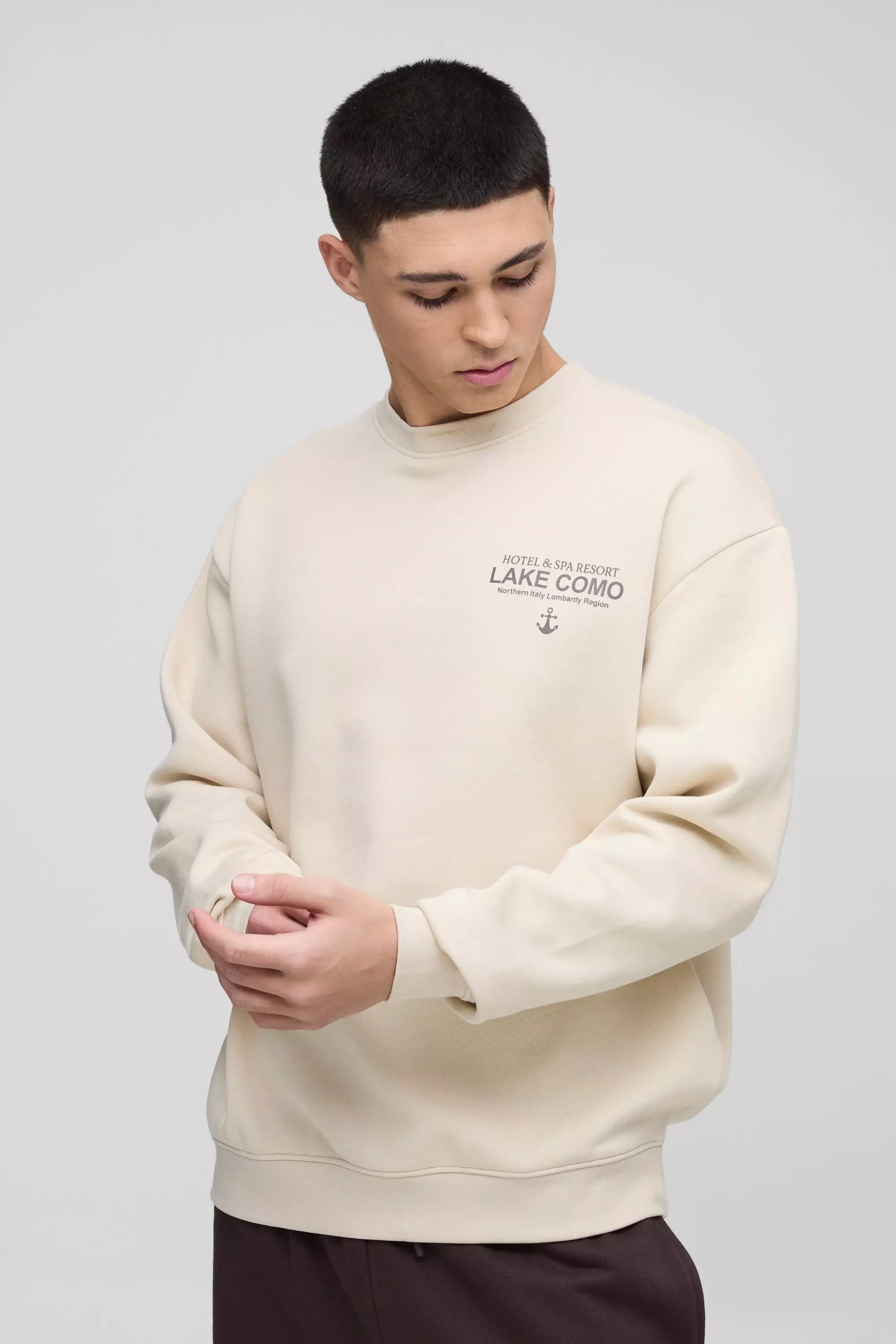 Oversize Sweatshirt mit Lake Como Text Print, Ecru alternatives Bild