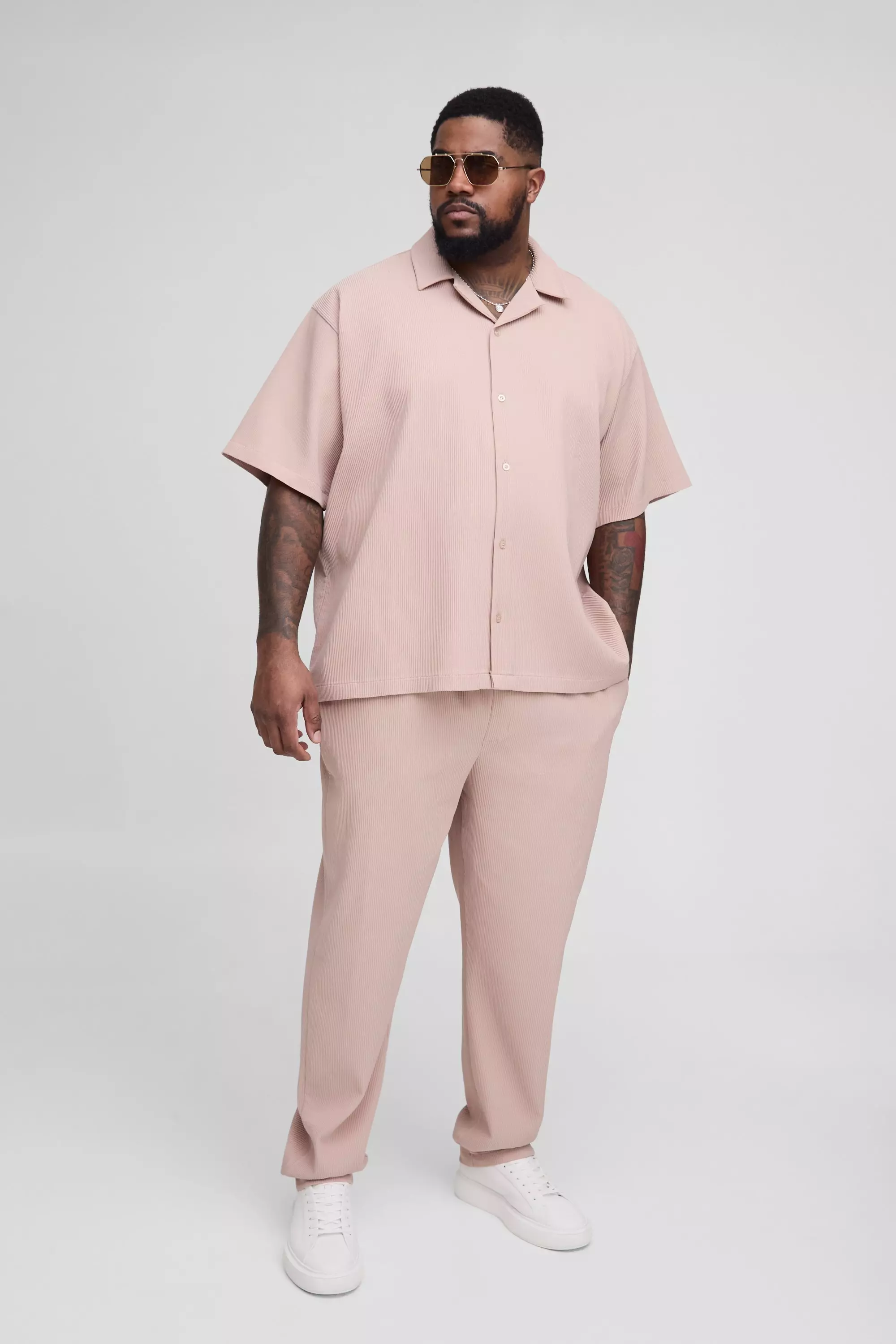 Plus Oversized Pleated Shirt & Tapered Trouser Set | boohooMAN UK