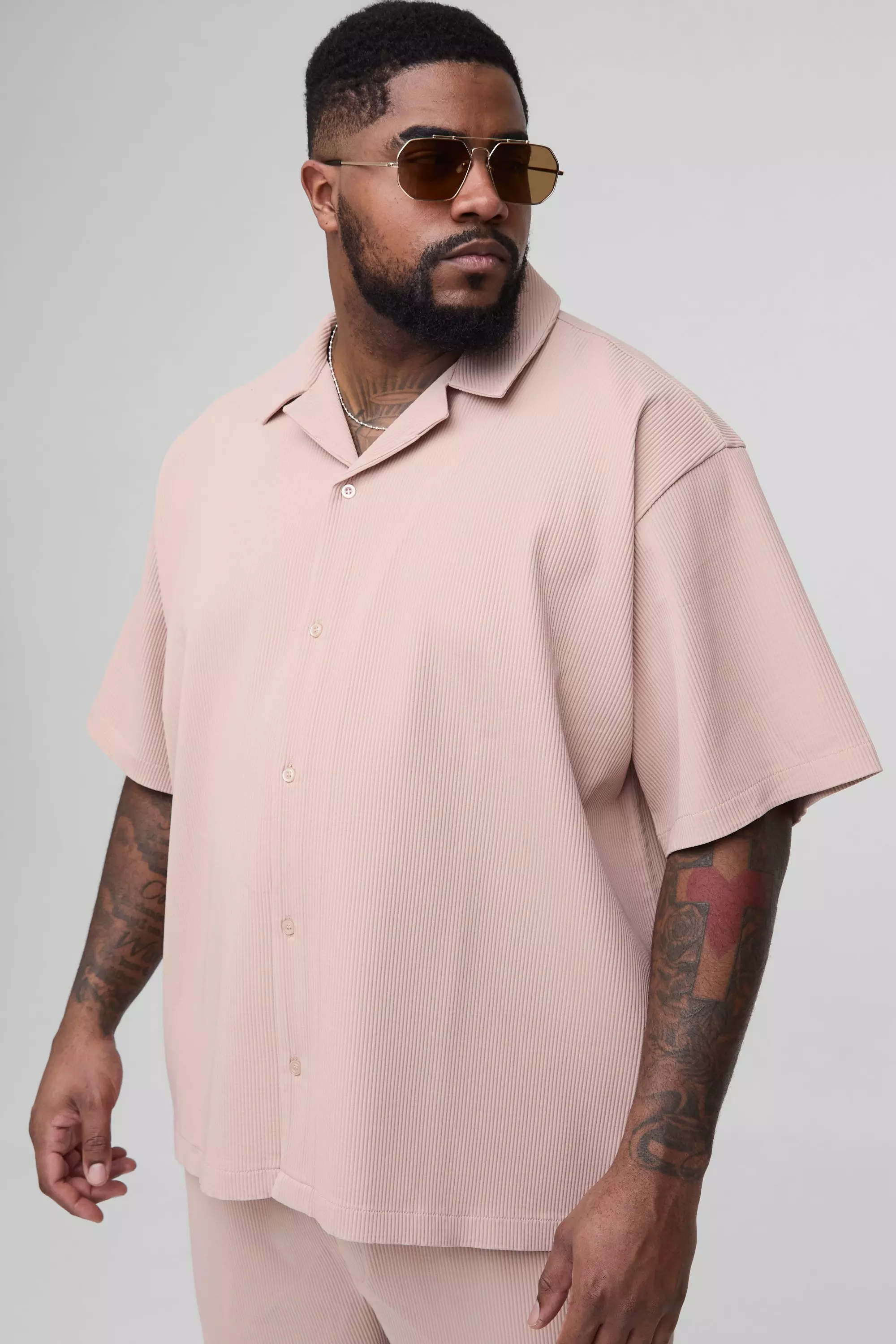 Plus Oversized Pleated Shirt & Tapered Trouser Set | boohooMAN UK