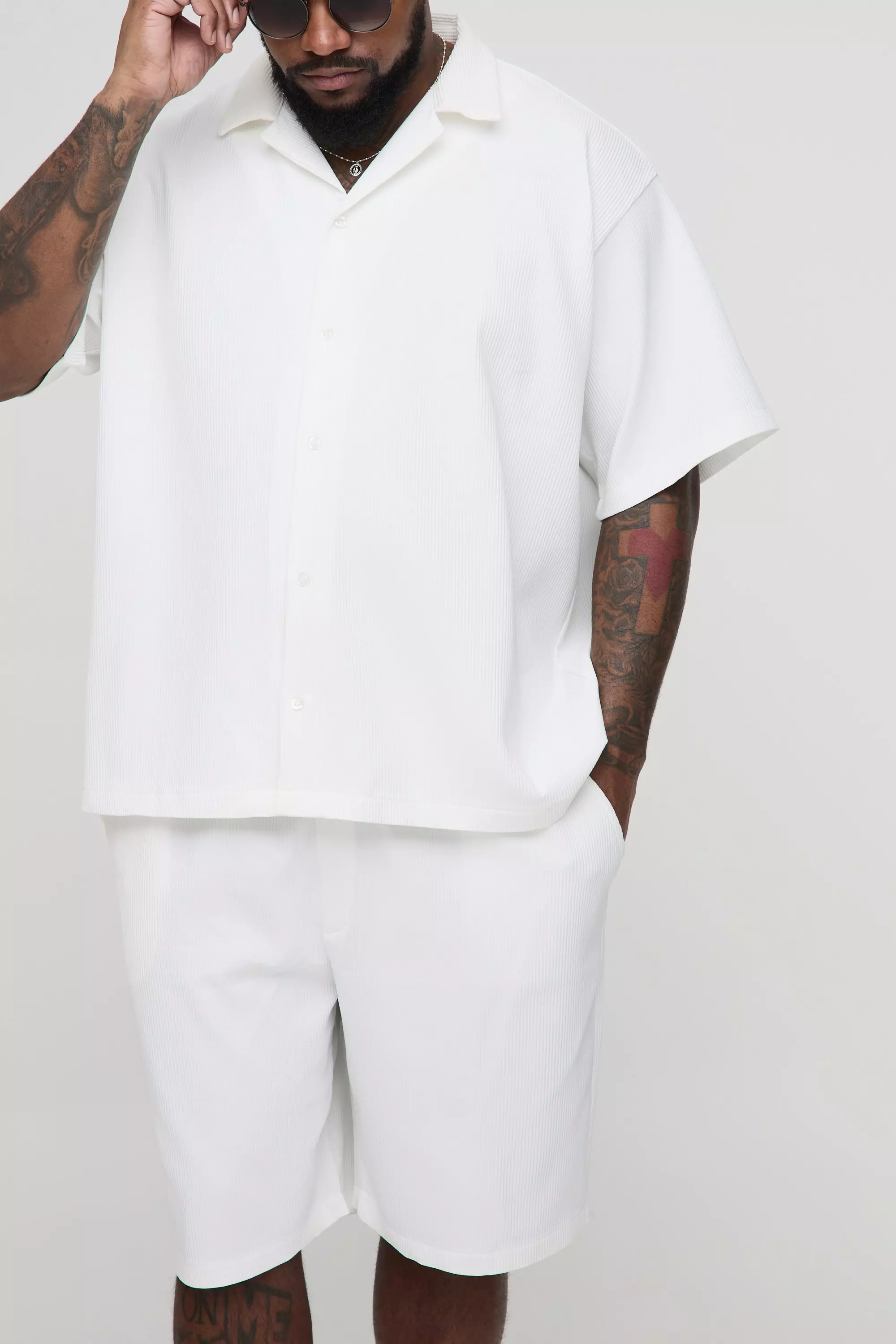 White Plus Pleated Oversized Shirt & Short Set alternative image