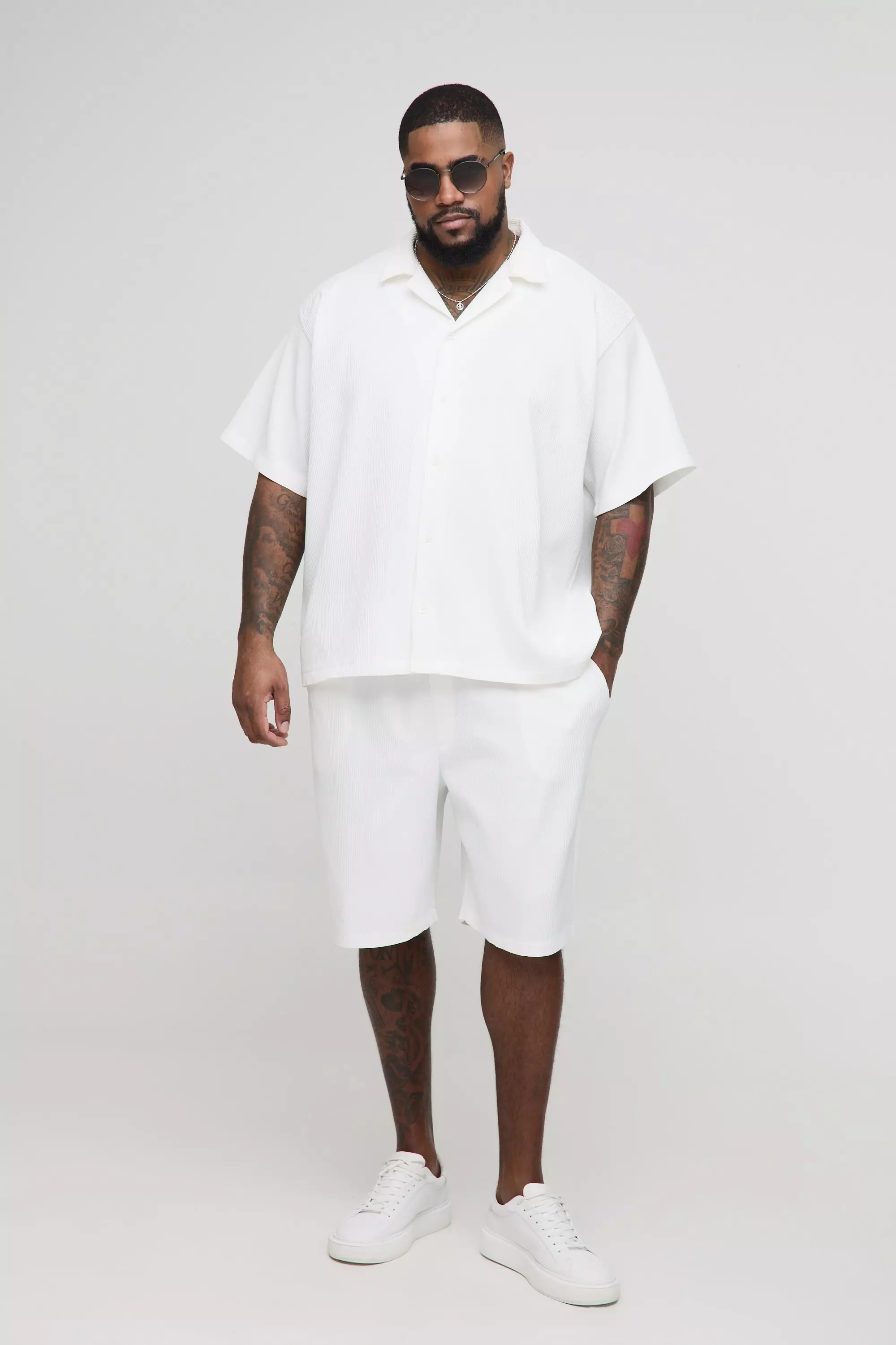 White Plus Pleated Oversized Shirt & Short Set alternative image