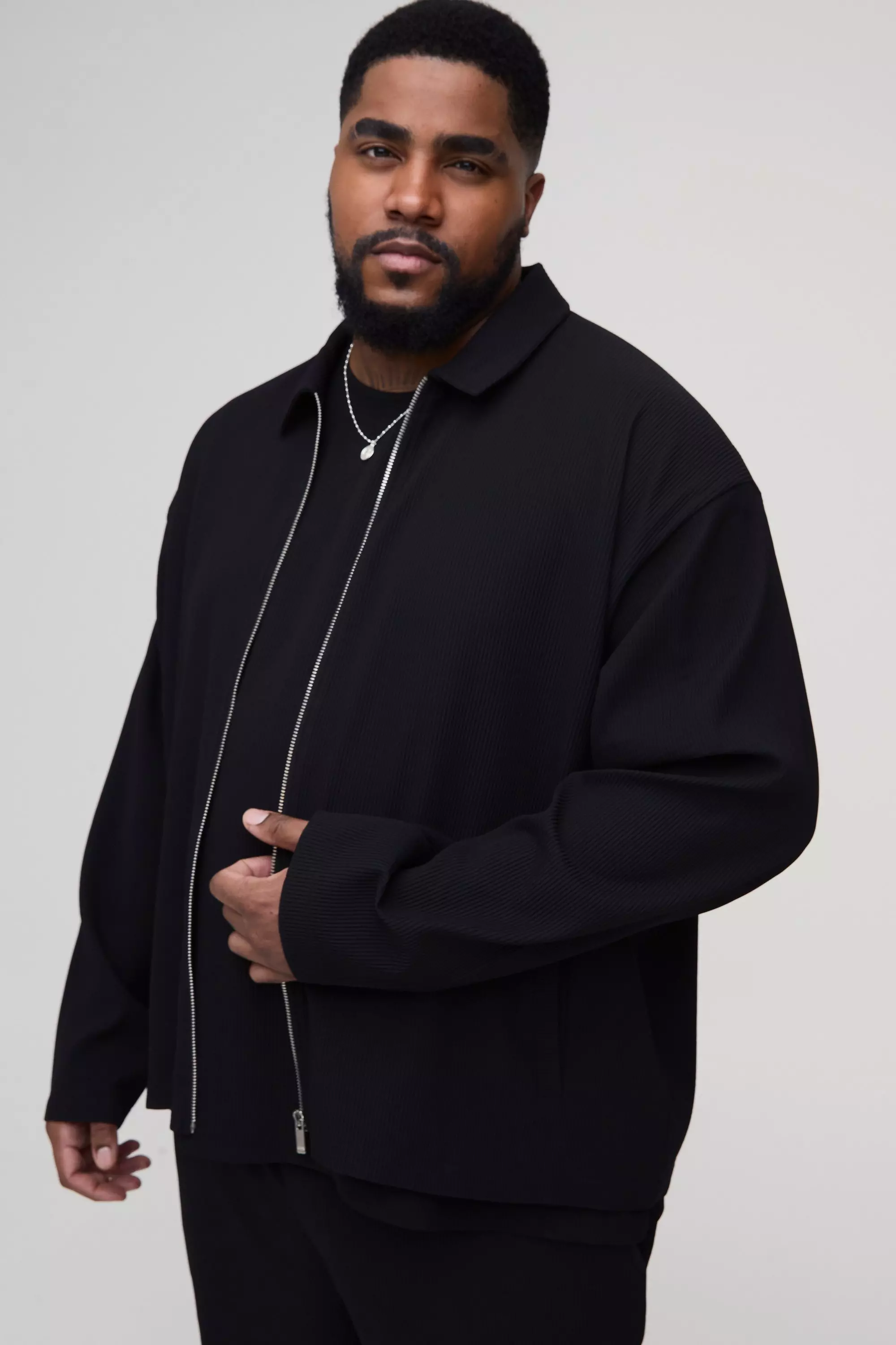 Plus Pleated Oversized Zip Up Shirt Jacket Black