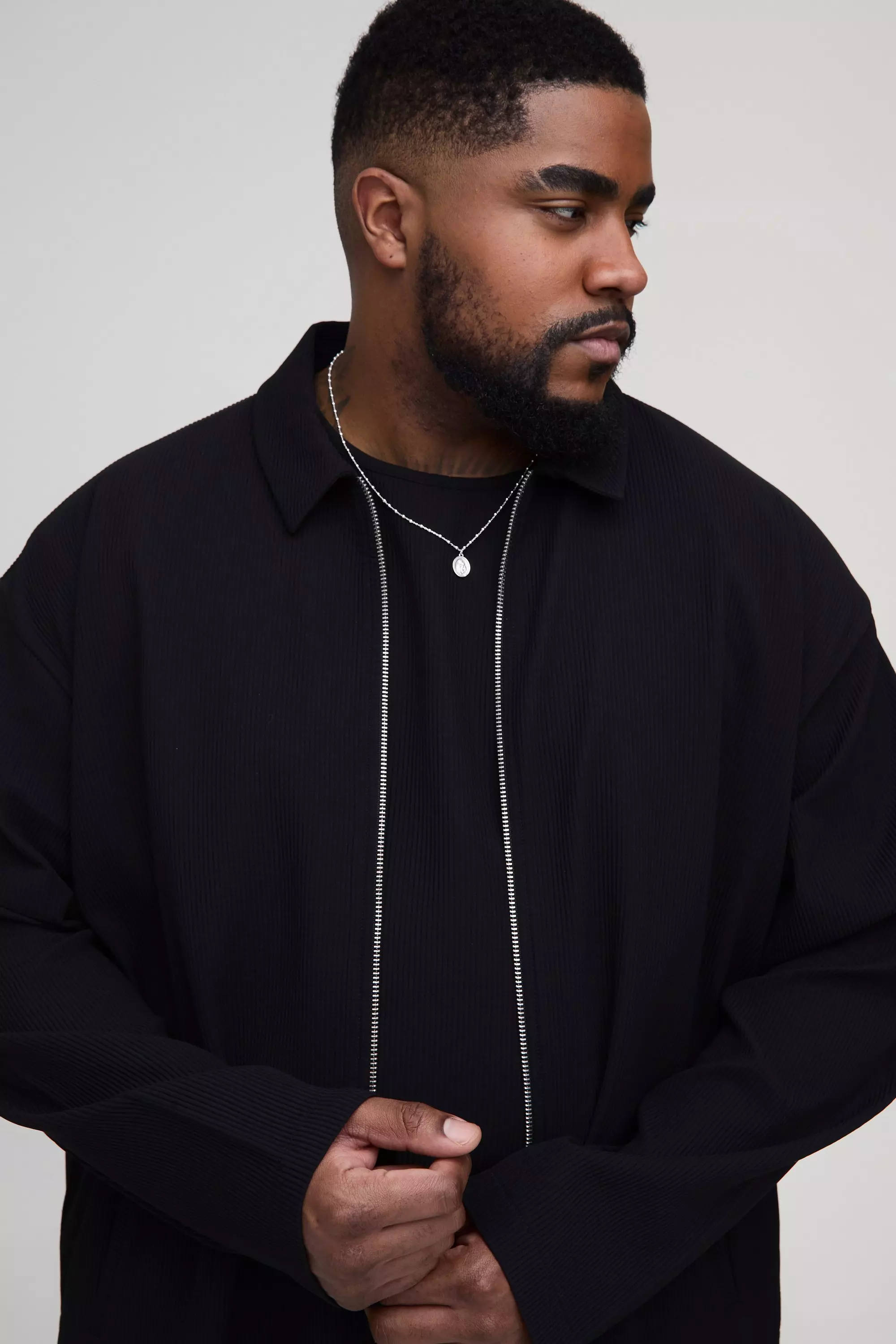 Plus Pleated Oversized Zip Up Shirt Jacket | boohooMAN USA