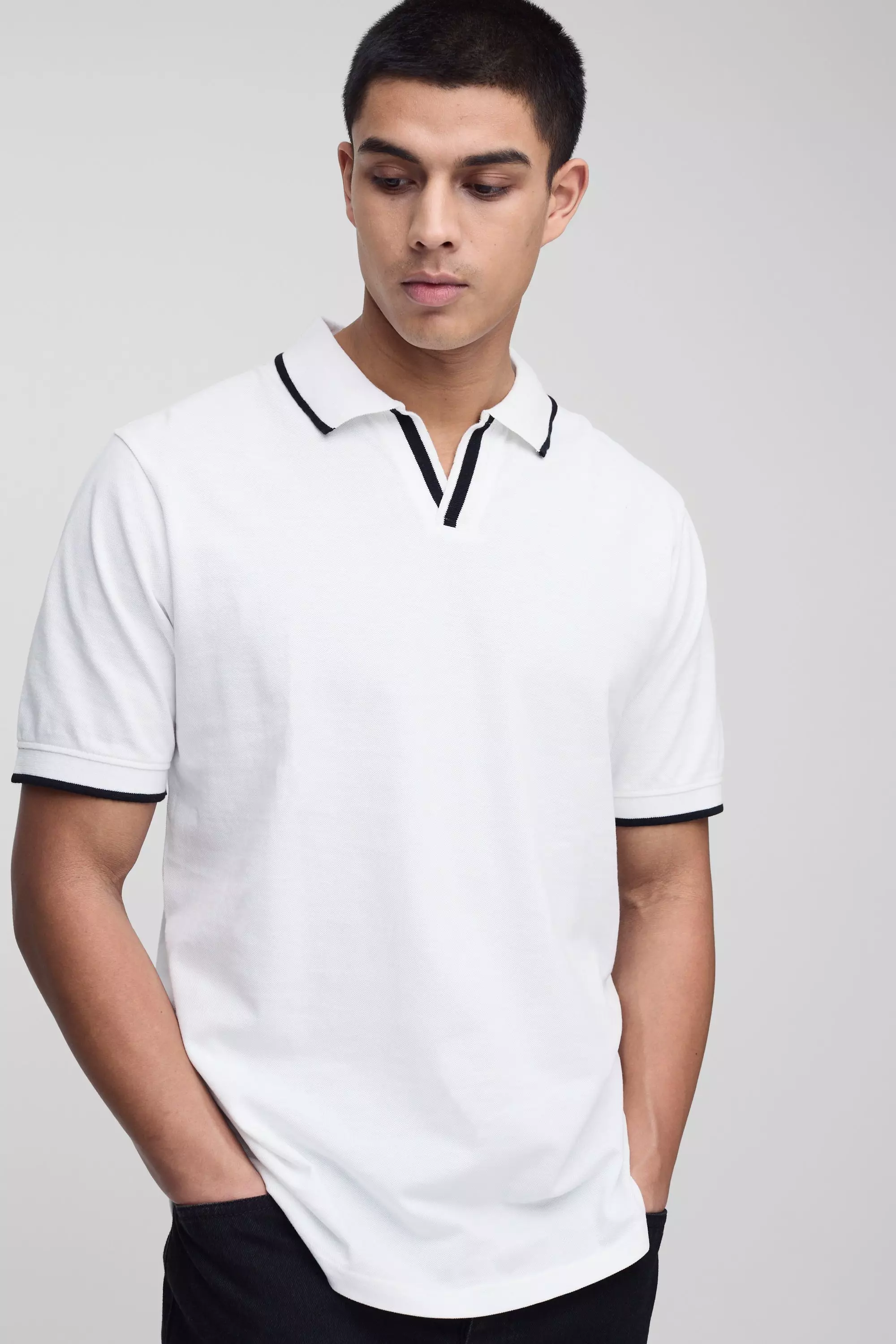 White Tall Slim Revere Pique Tipped Polo alternative image