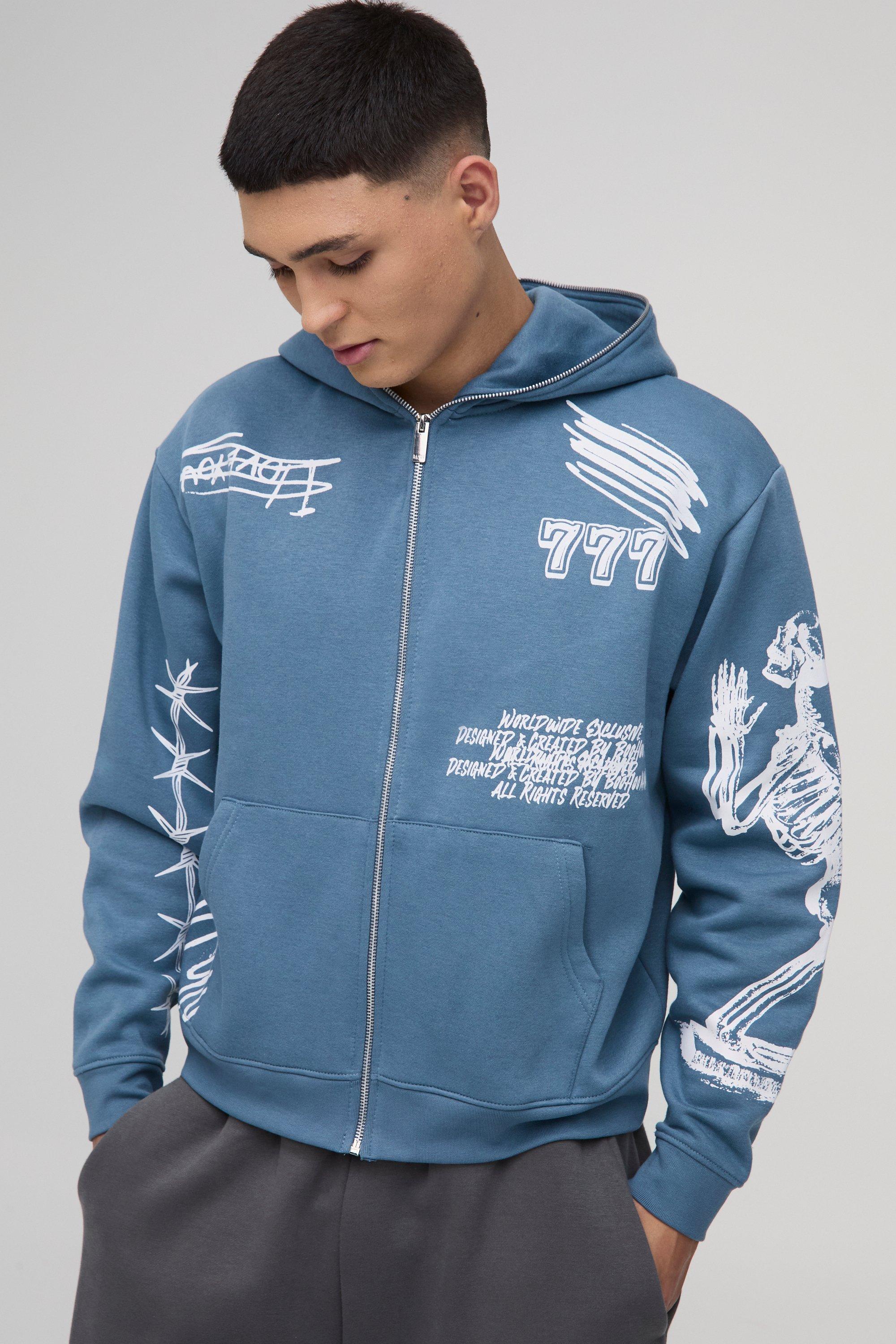 Oversized AOP Doodle Zip Through Hoodie | boohooMAN USA