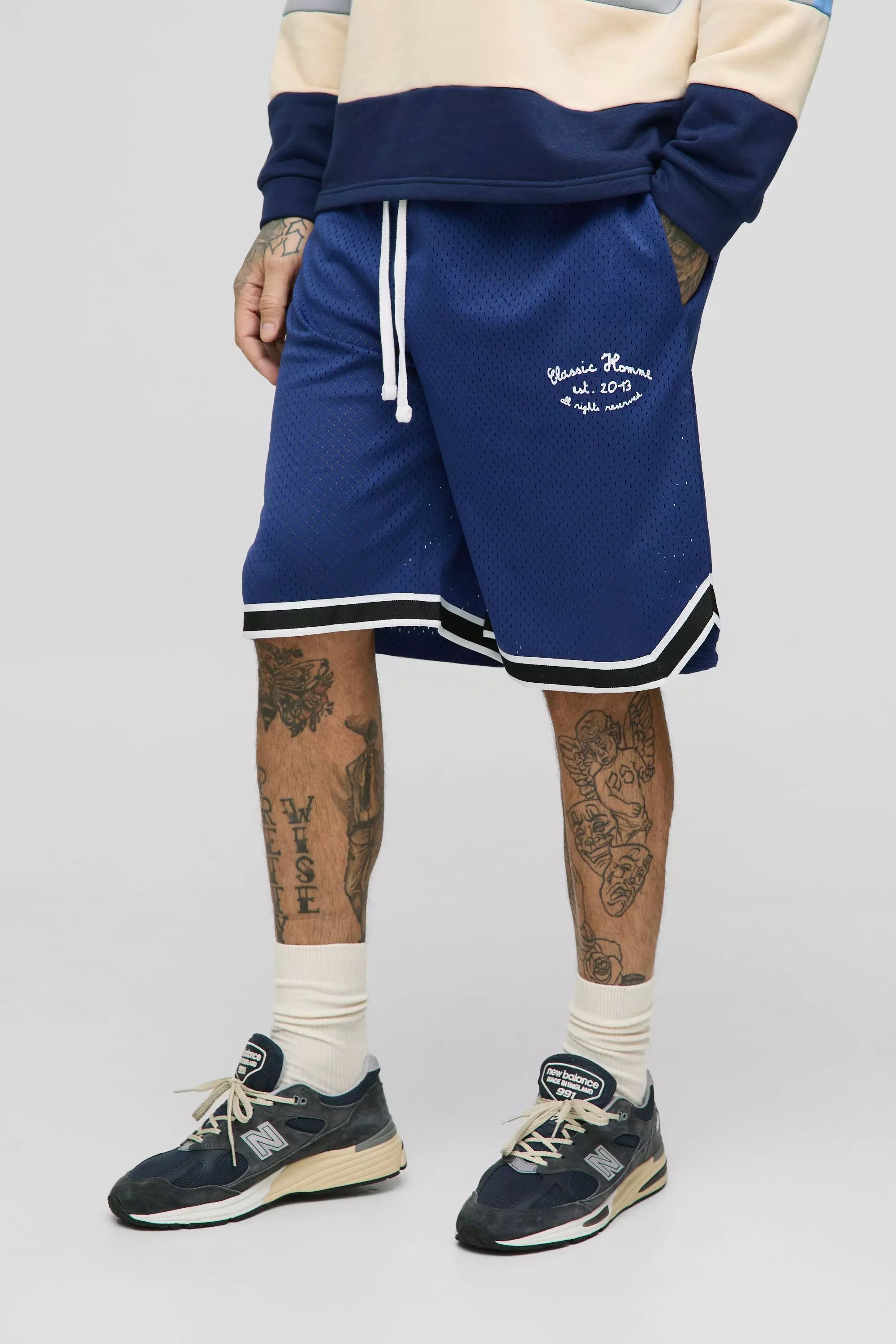 Navy Tall Gestreepte Airtex Basketbal Shorts alternatieve afbeelding