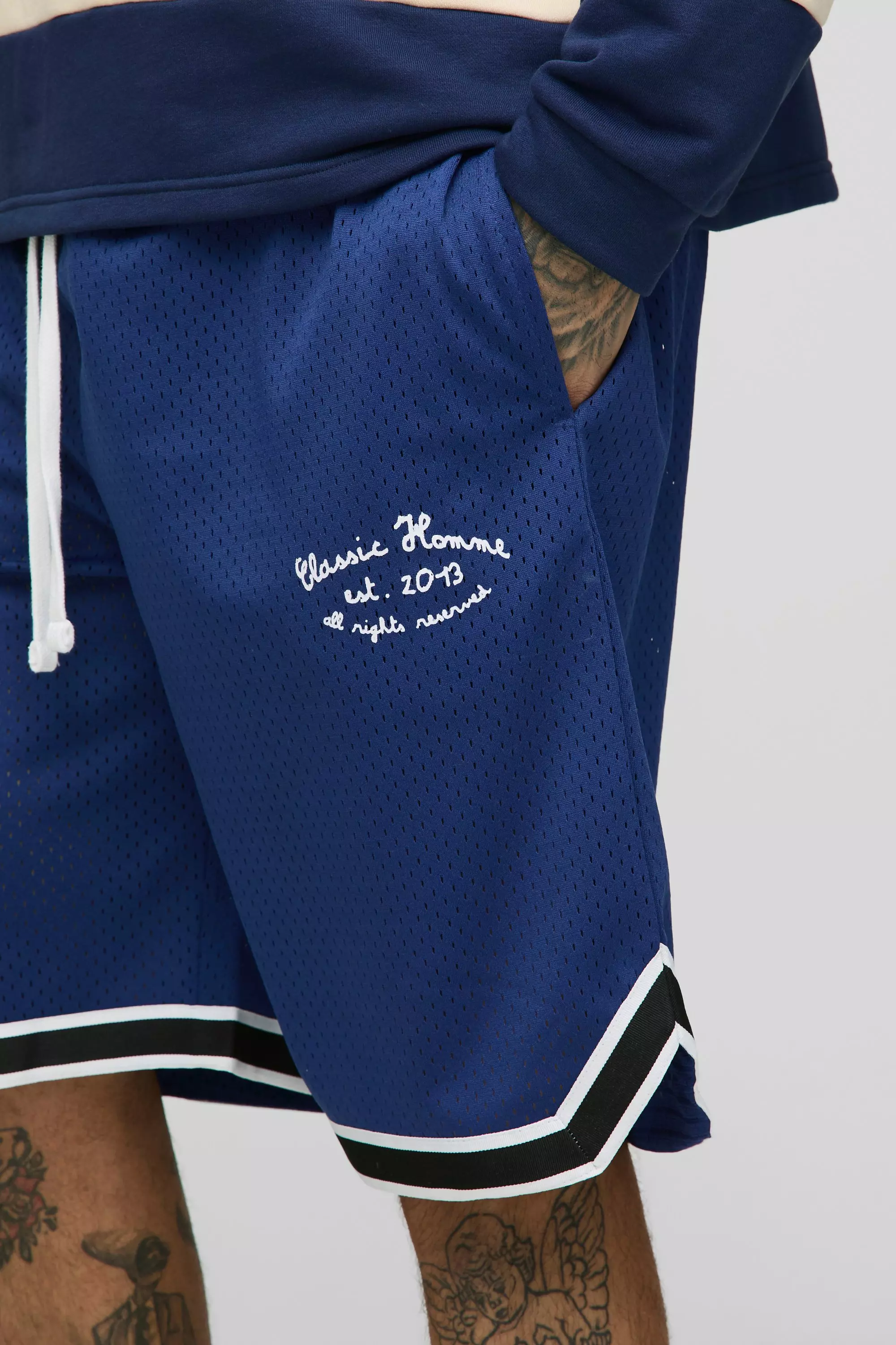 Navy Tall Gestreepte Airtex Basketbal Shorts alternatieve afbeelding