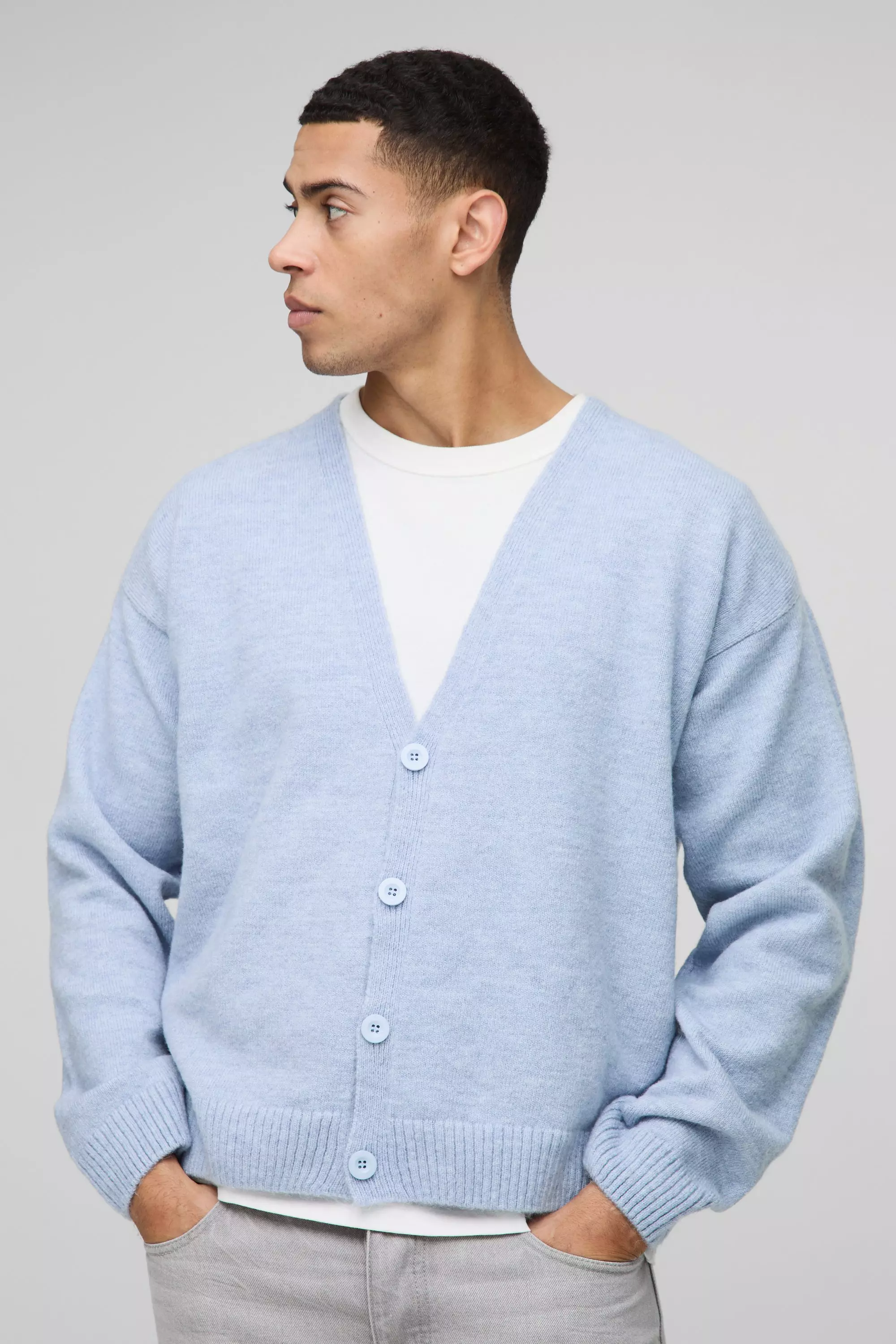 Light blue Oversized Boxy Drop Shoulder Knitted Cardigan alternative image