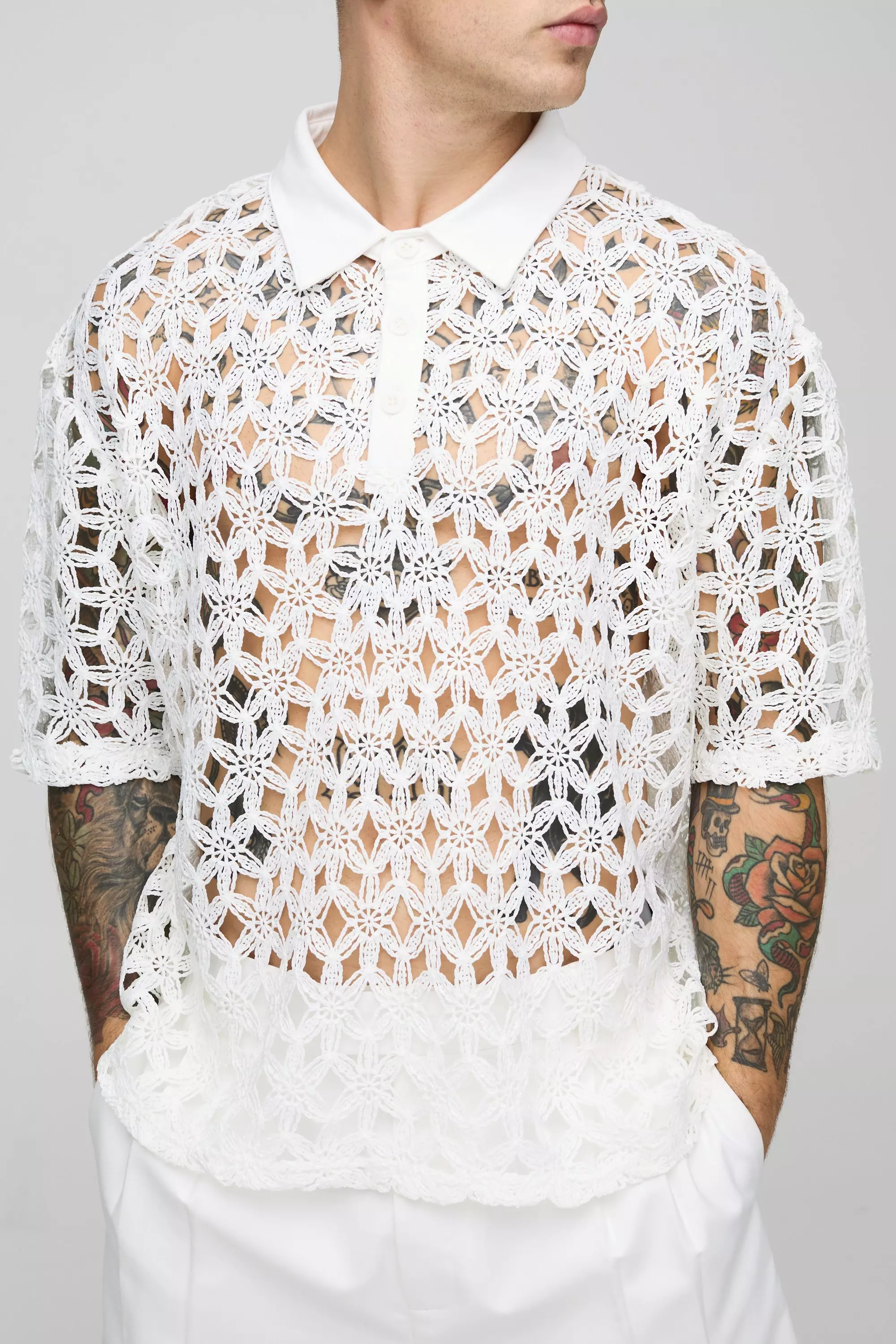 Oversized Knitted Crochet Polo White