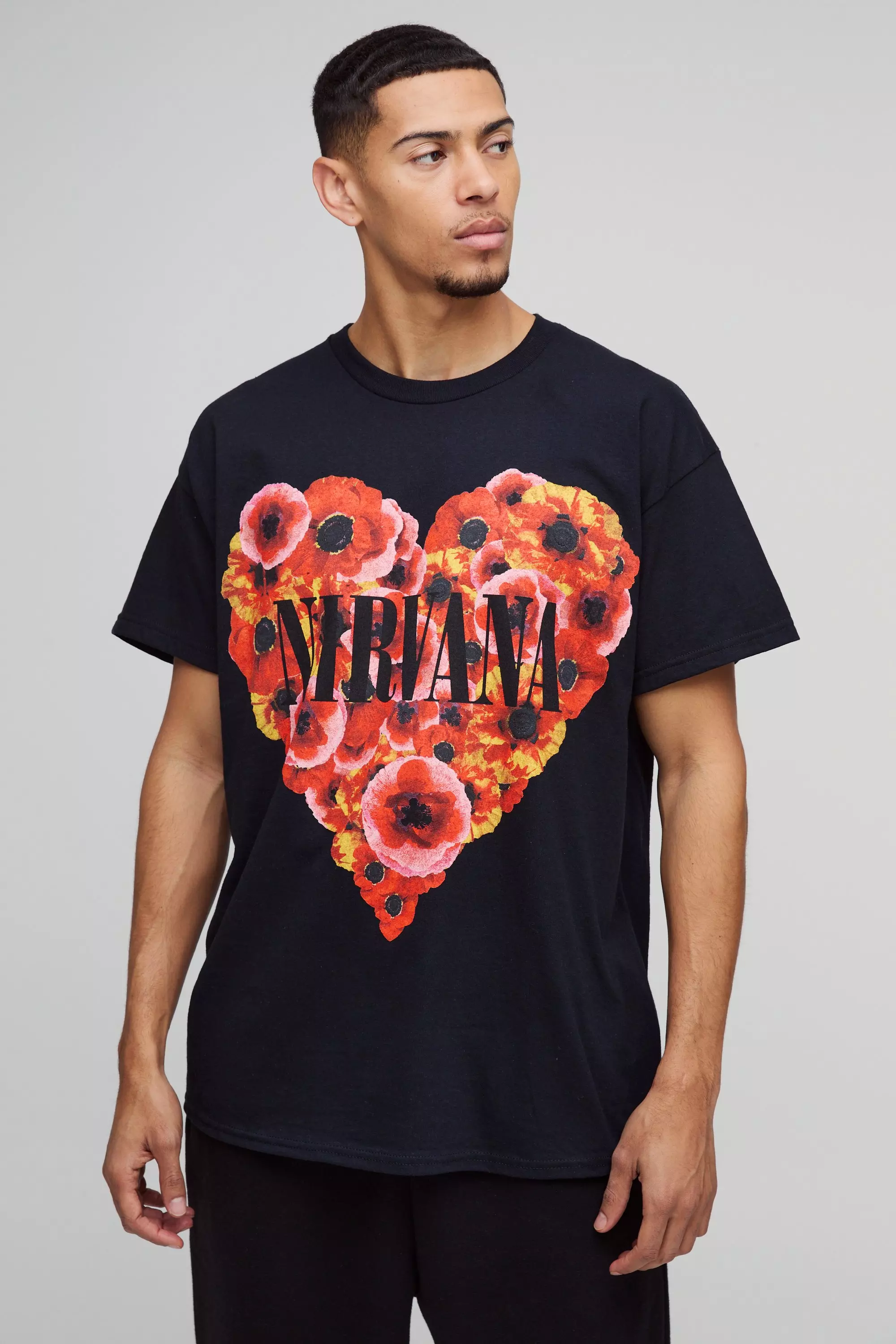 Oversized Nirvana Floral Heart License T-Shirt | boohooMAN USA