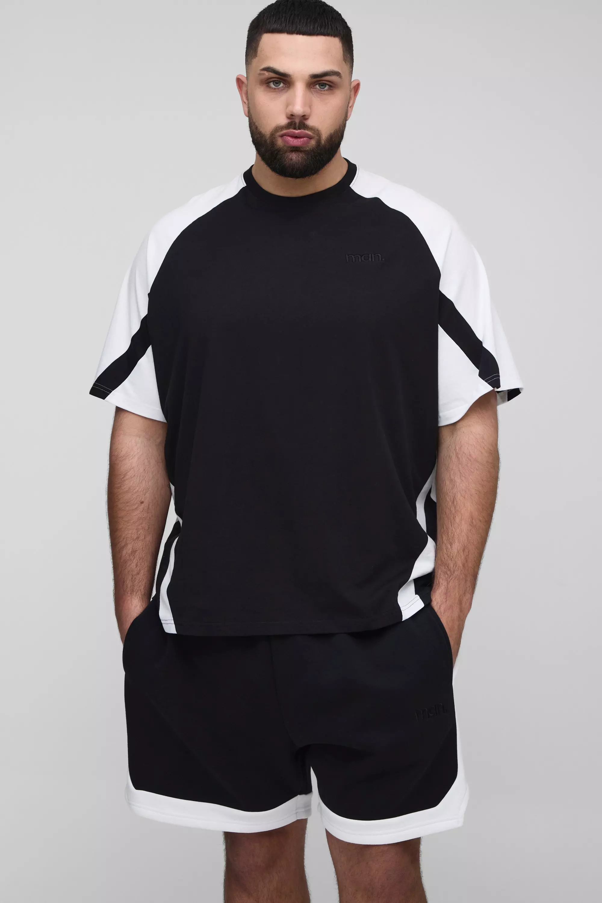 Black Plus Oversized Man Colour Block T-Shirt and Short Set alternative image