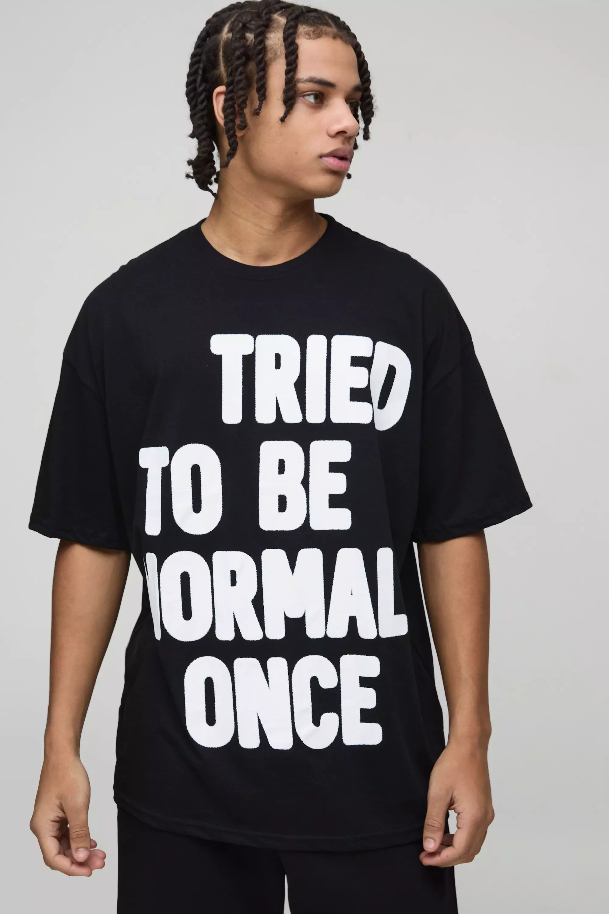 Oversized Tried To Be Normal Once Slogan Graphic Washed T-Shirt Black