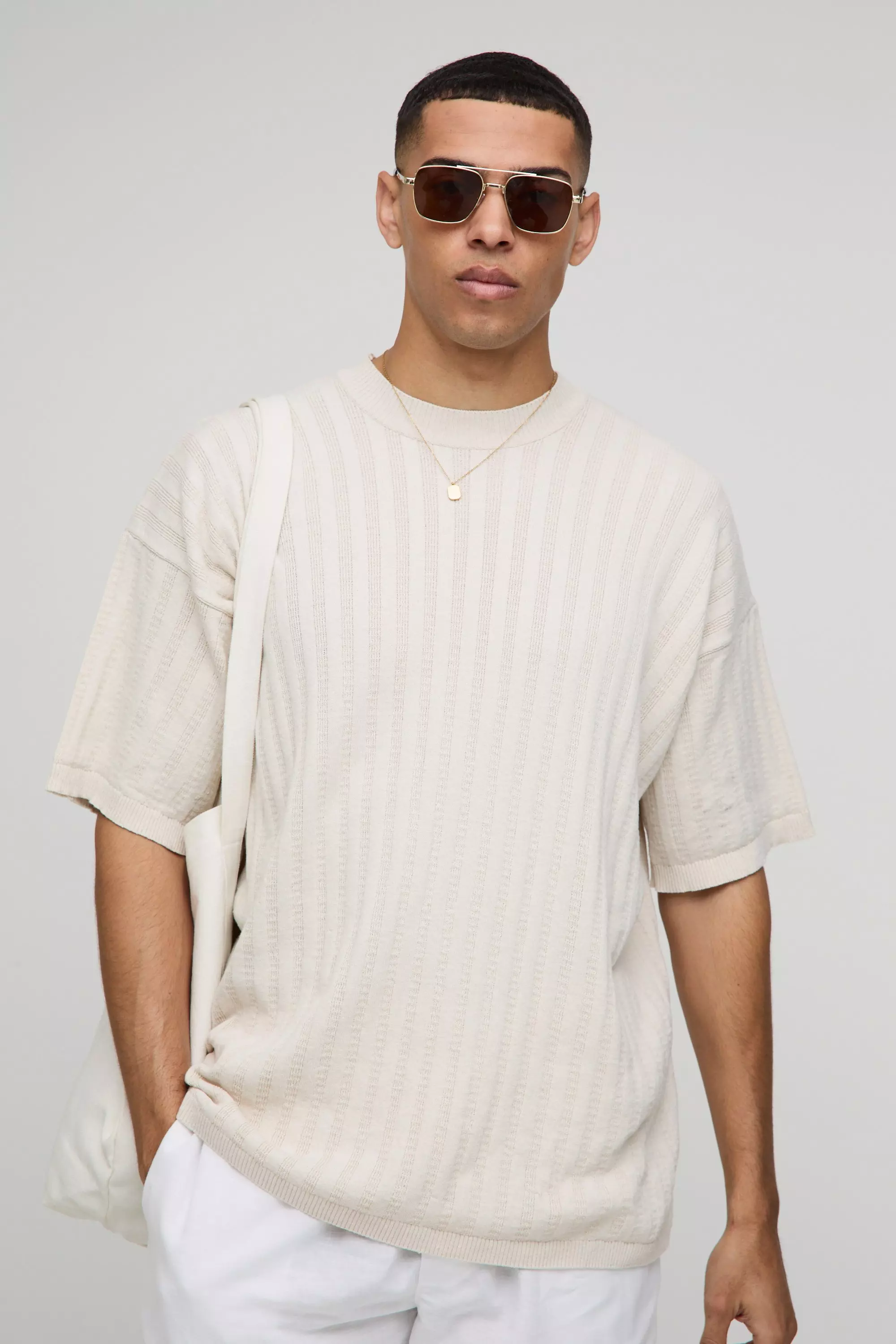 Oversized Extended Neck Ribbed Knitted T-Shirt Ecru