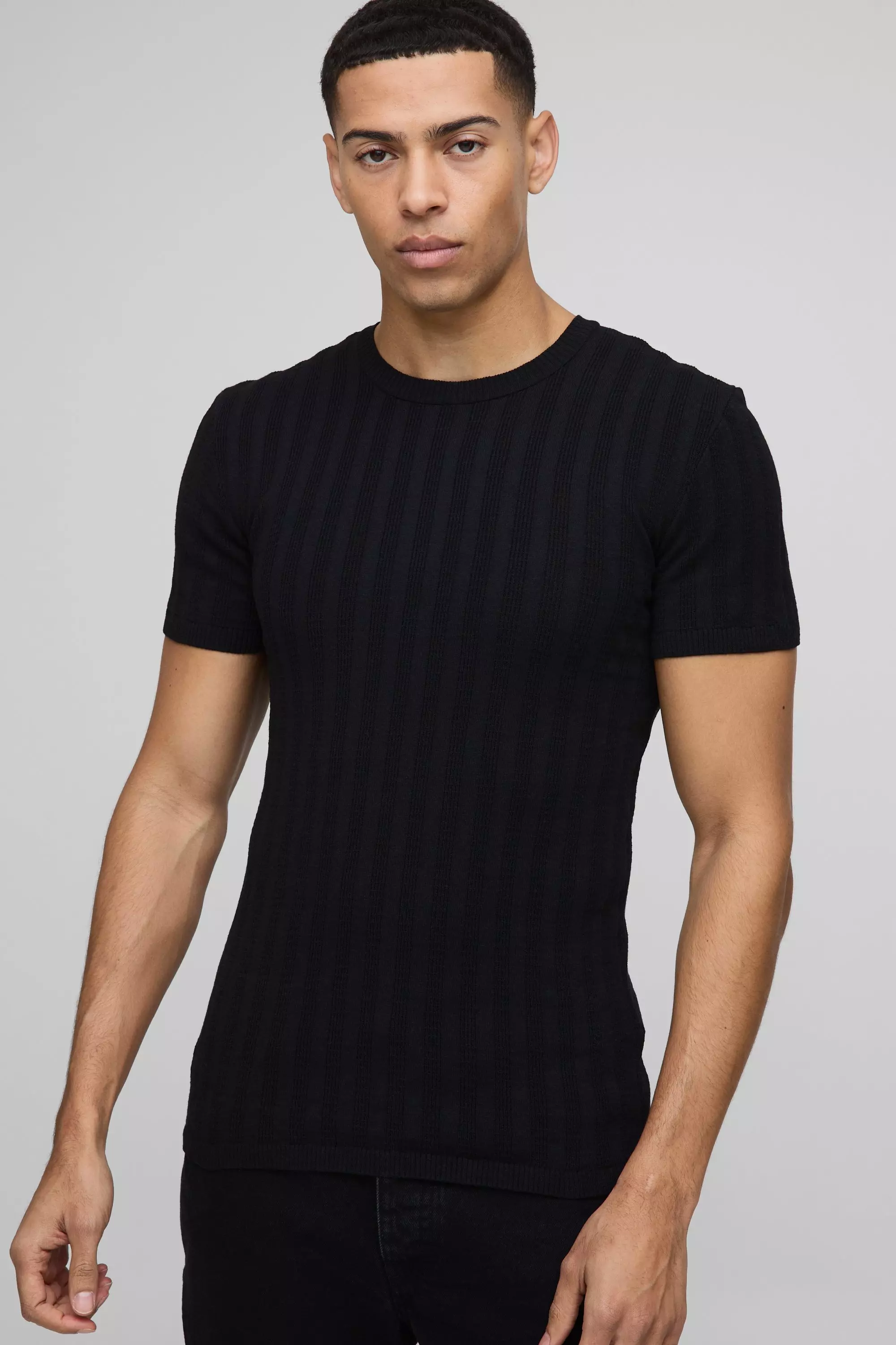 Muscle Fit Ribbed Knitted T-Shirt Black