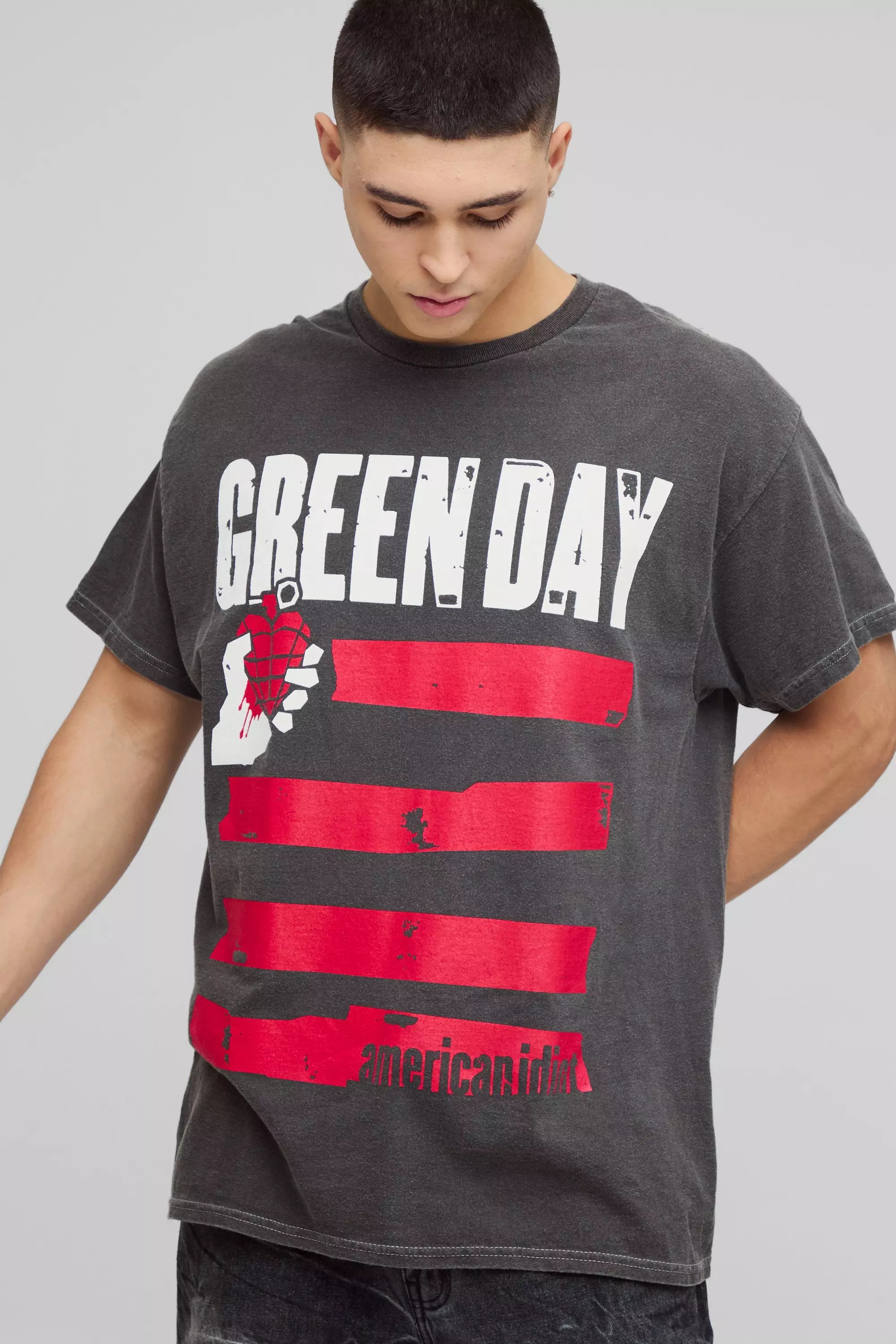 Oversized Green Day Washed License Band T-Shirt Charcoal