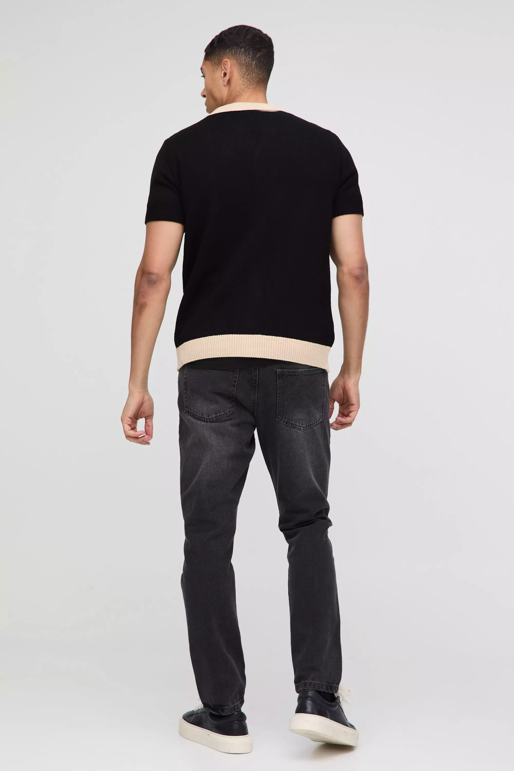 Black Relaxed Open Stitch Panel Stripe Knitted Shirt alternative image